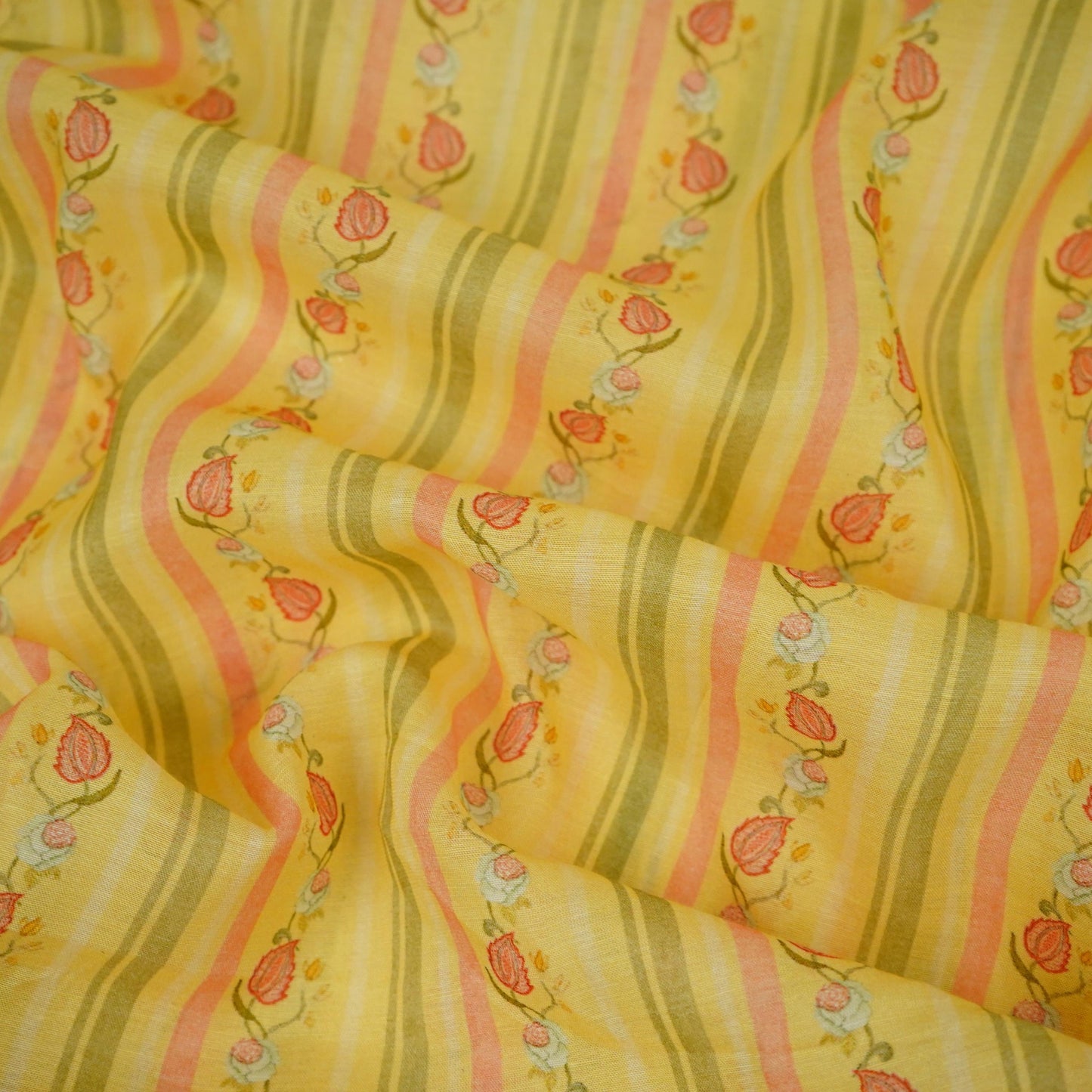 Yellow & Green Stripes Print Mul Chanderi Fabric GTS-30503