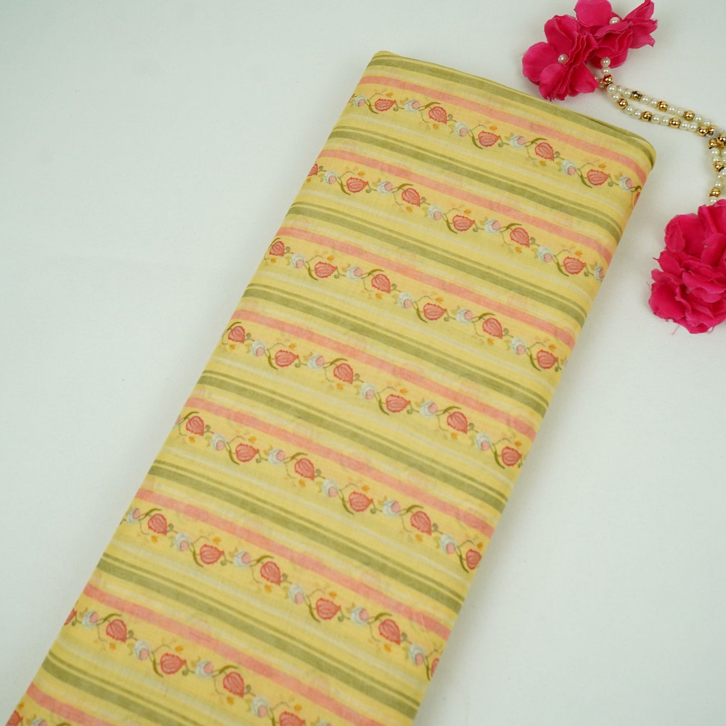 Yellow & Green Stripes Print Mul Chanderi Fabric GTS-30503