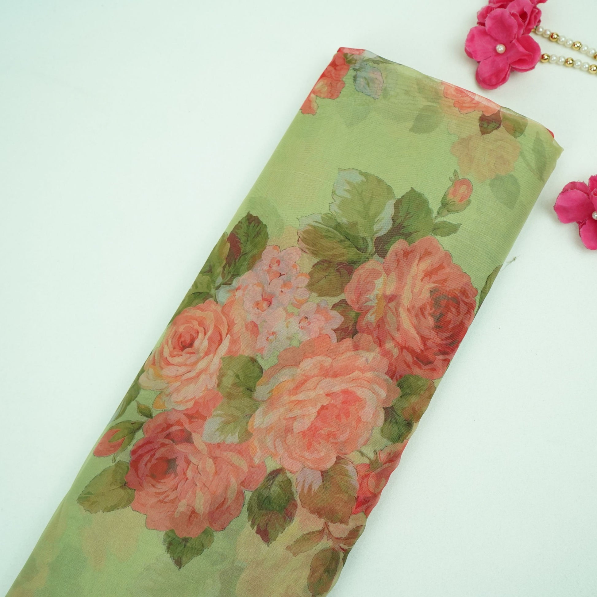 Pista Green floral print Organza Fabric MTF-31486 - TradeUNO