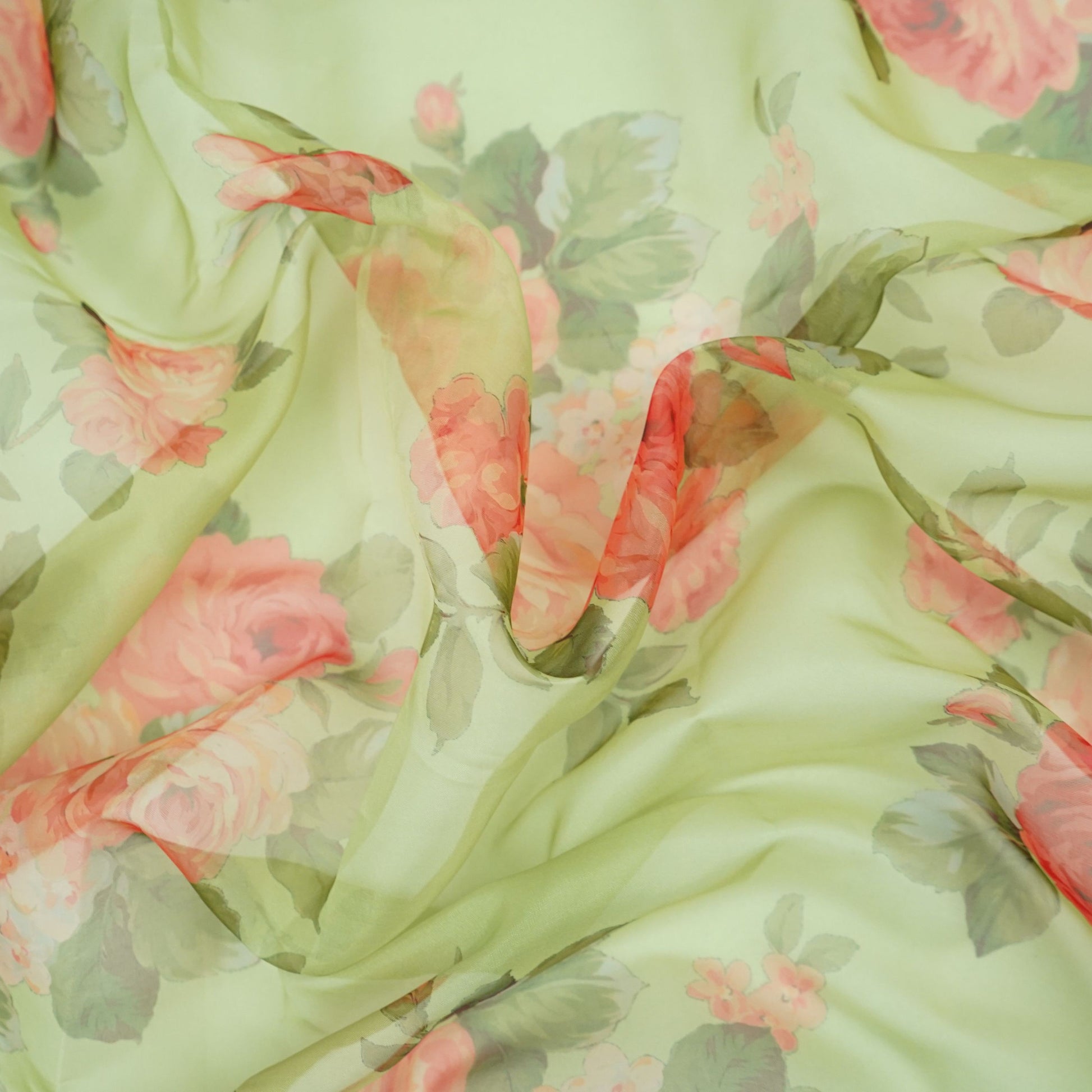 Pista Green floral print Organza Fabric MTF-31486 - TradeUNO