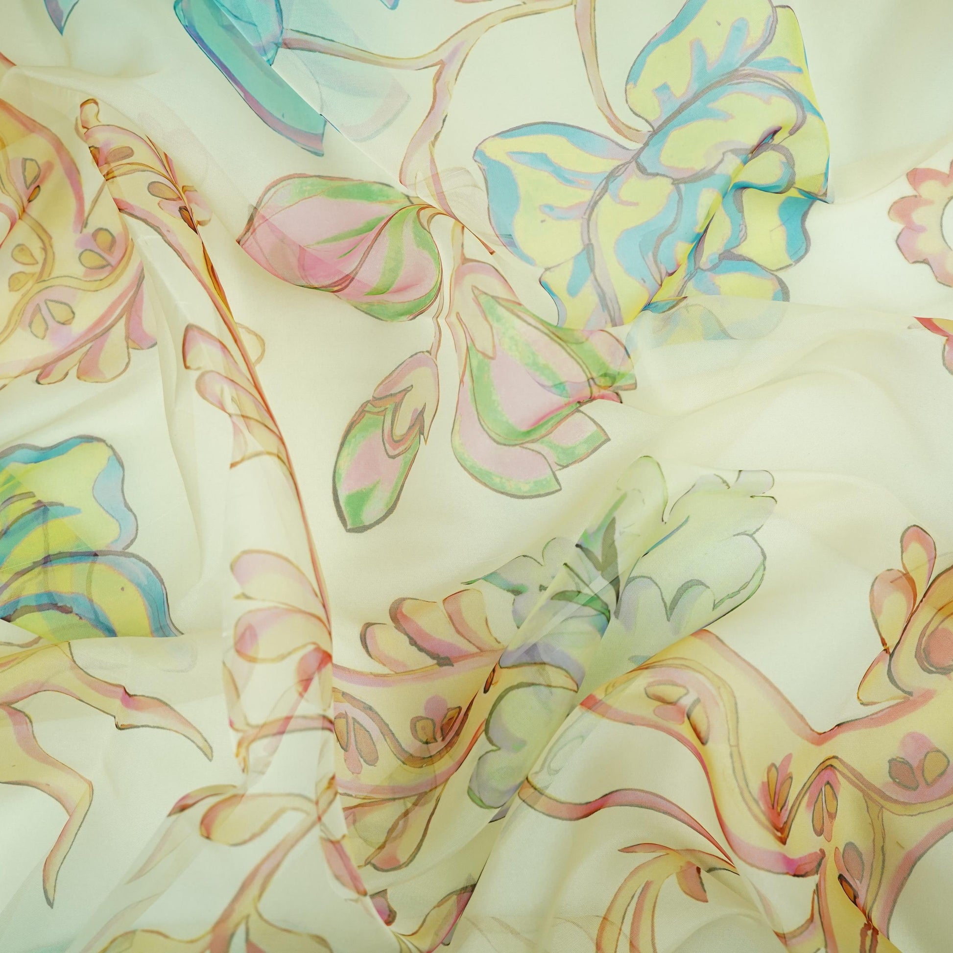 Cream Abstract print Organza Fabric MTF-31484 - TradeUNO