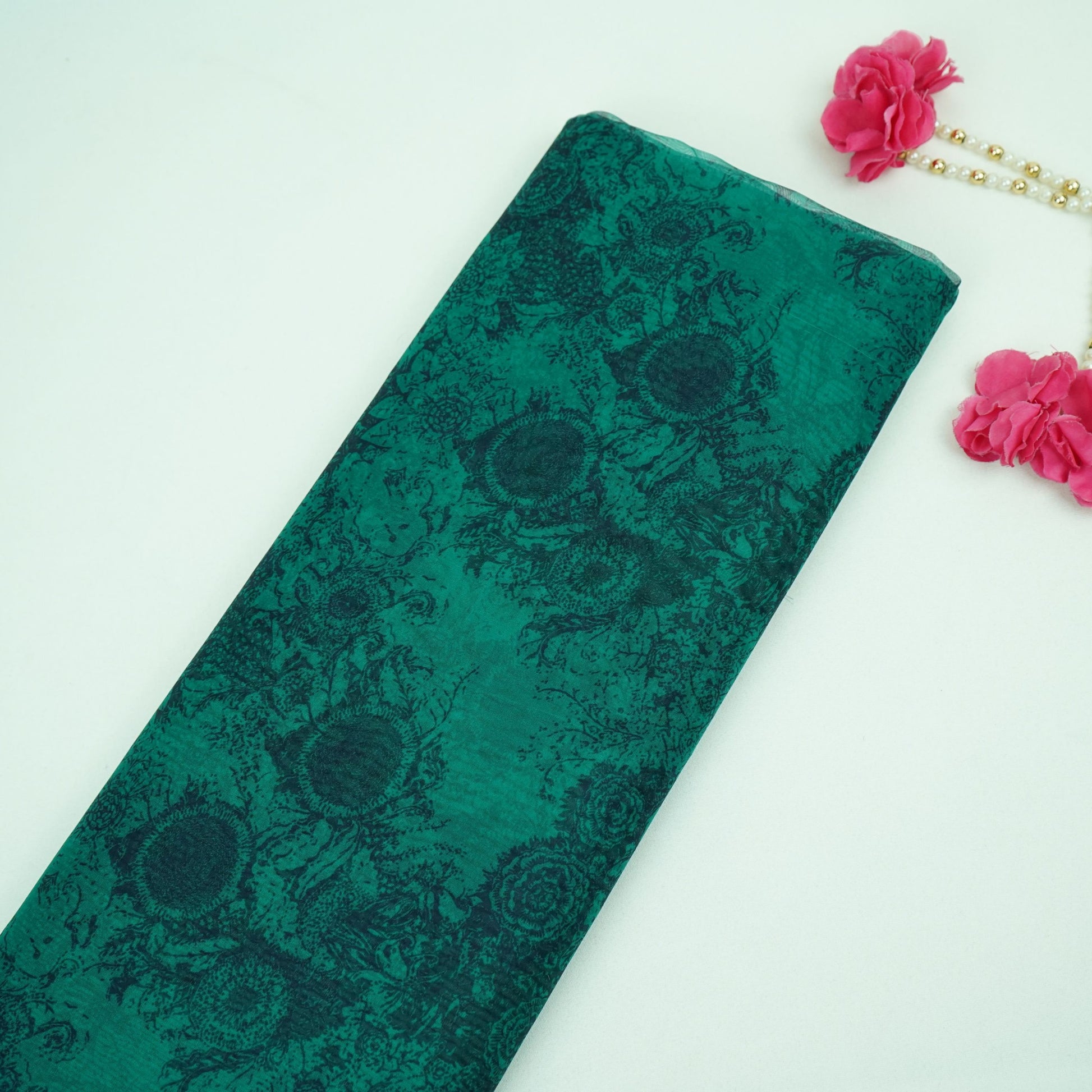 Teal Green floral print Organza Fabric MTF-31487 - TradeUNO