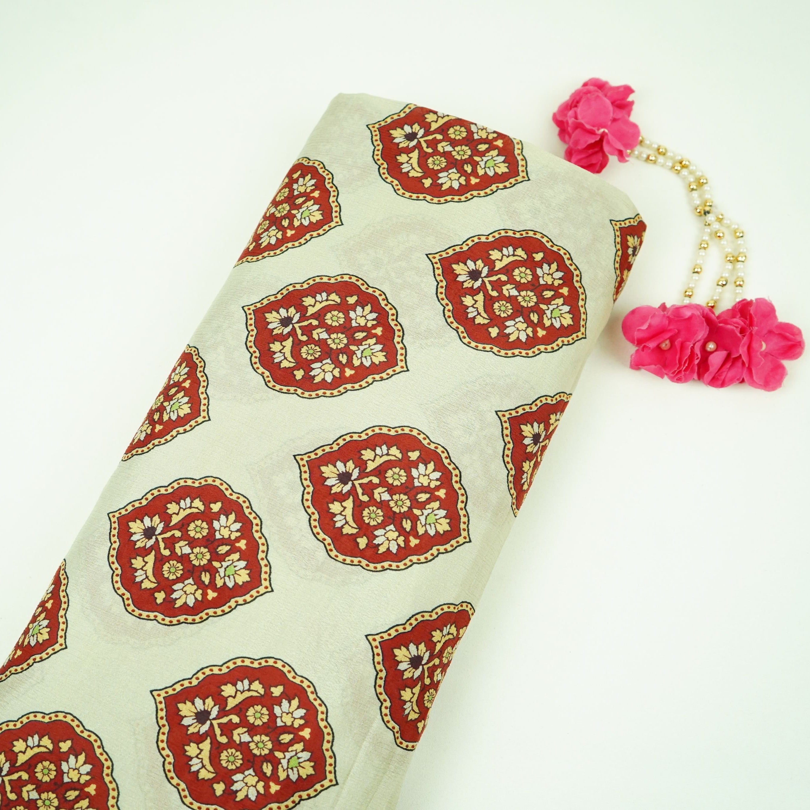 Maroon Mughal Buta floral print Chinnon Fabric MT-31175 - TradeUNO