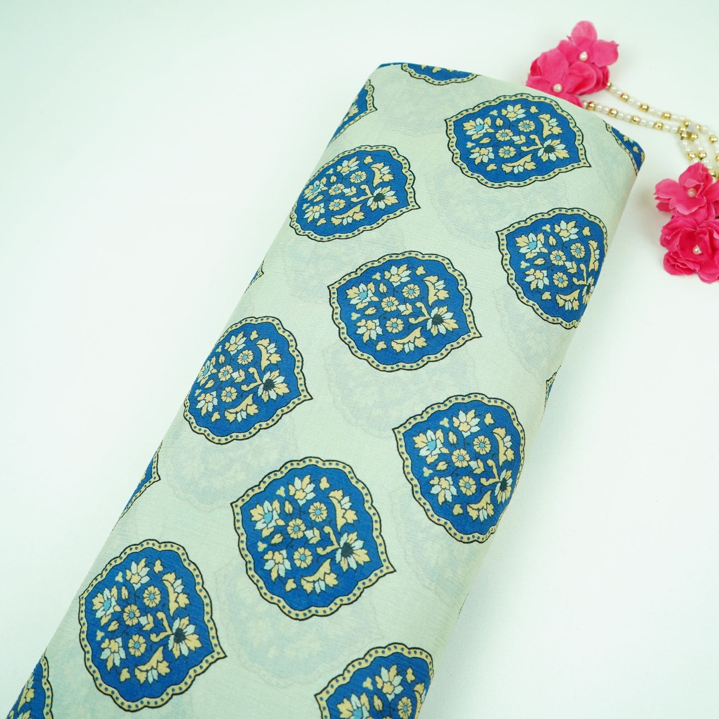 Royal Blue Mughal Buta floral print Chinnon Fabric MT-31177