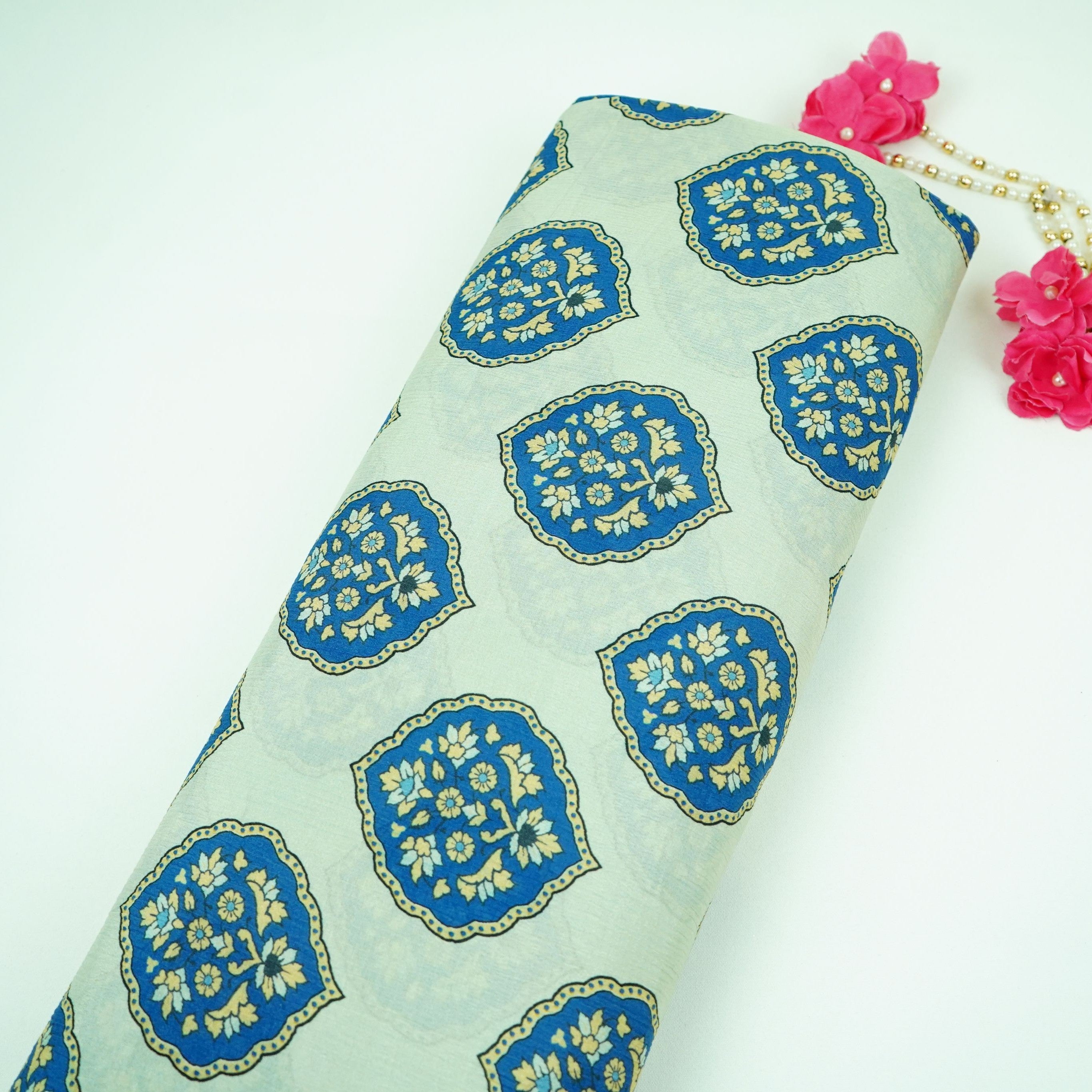 Royal Blue Mughal Buta floral print Chinnon Fabric MT-31177 - TradeUNO
