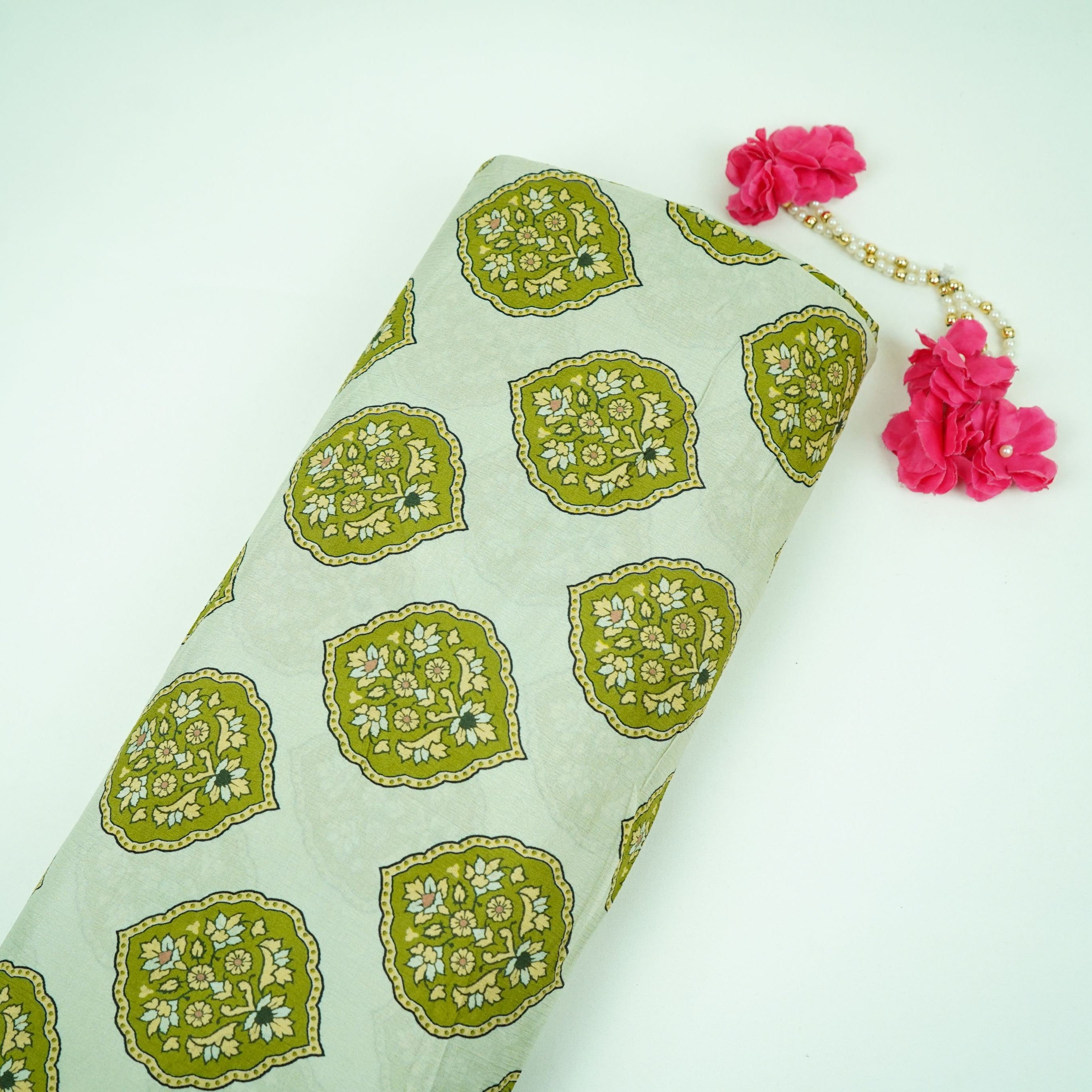 Olive Green Mughal Buta floral print Chinnon Fabric MT-31179 - TradeUNO