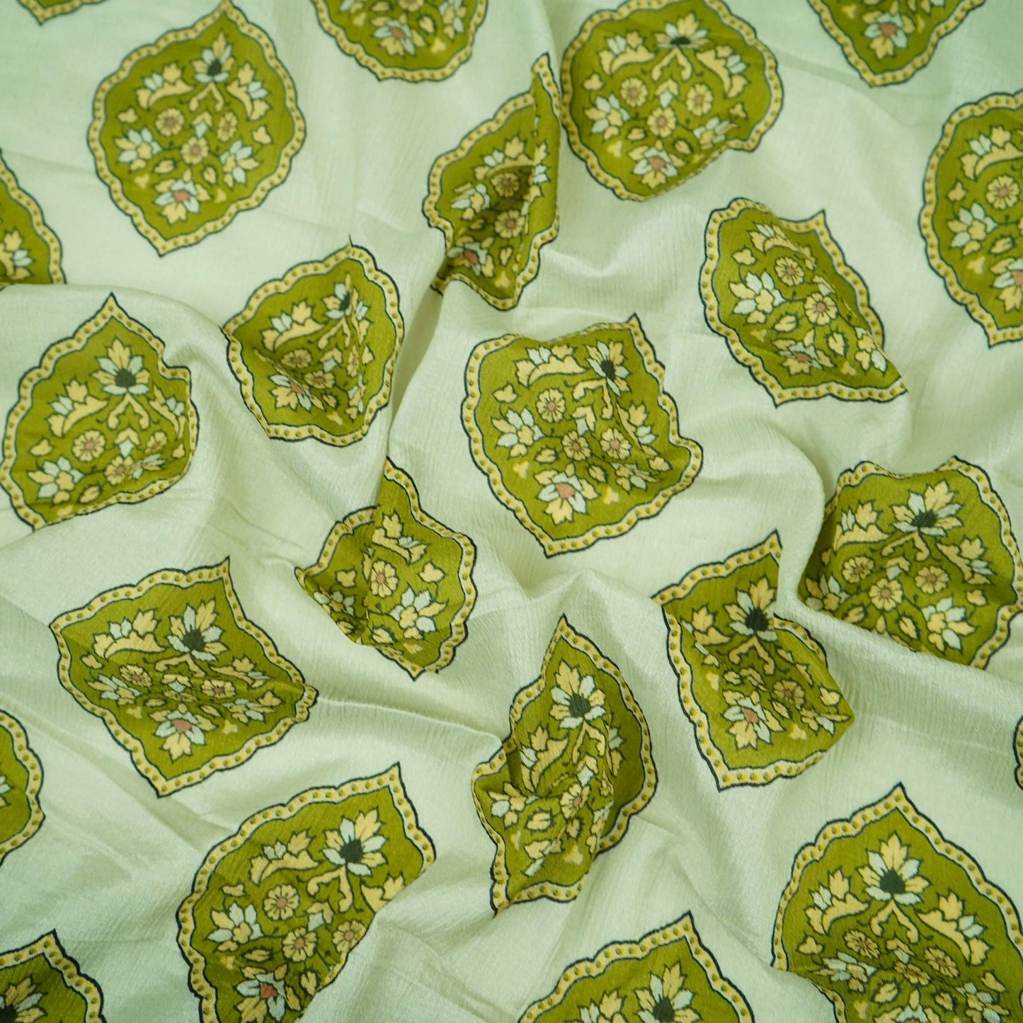 Olive Green Mughal Buta floral print Chinnon Fabric MT-31179