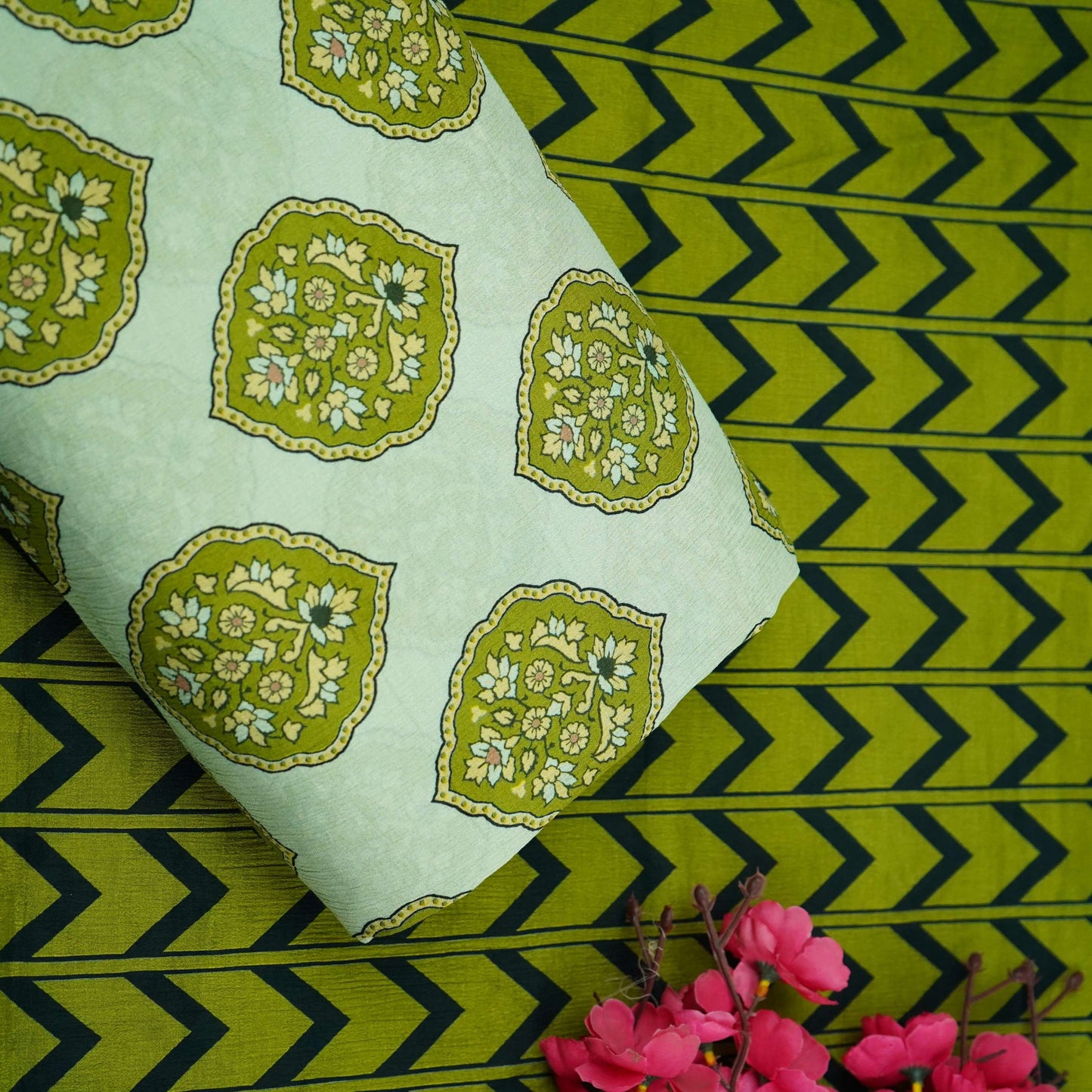 Olive Green & Black Chevron print Chinnon Fabric MT-31180