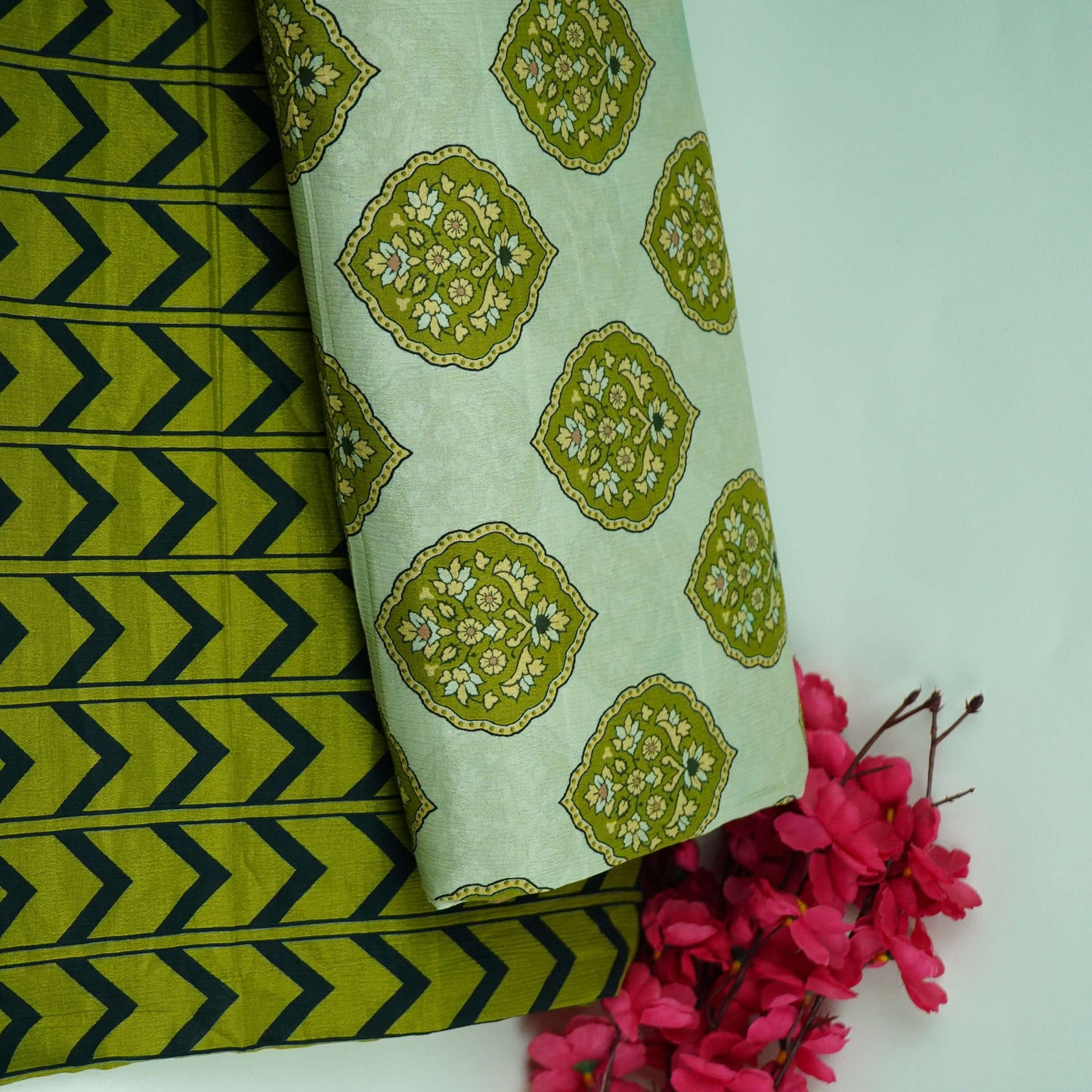 Olive Green & Black Chevron print Chinnon Fabric MT-31180