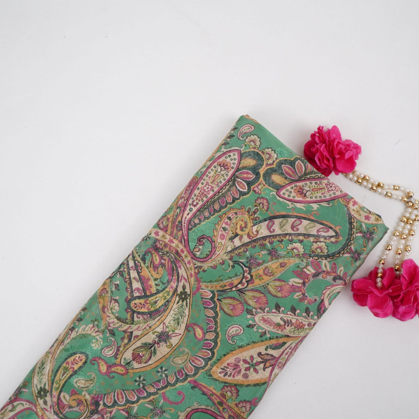Teal Green Paisley Jacquard print Pure Crepe Fabric MTF-31479