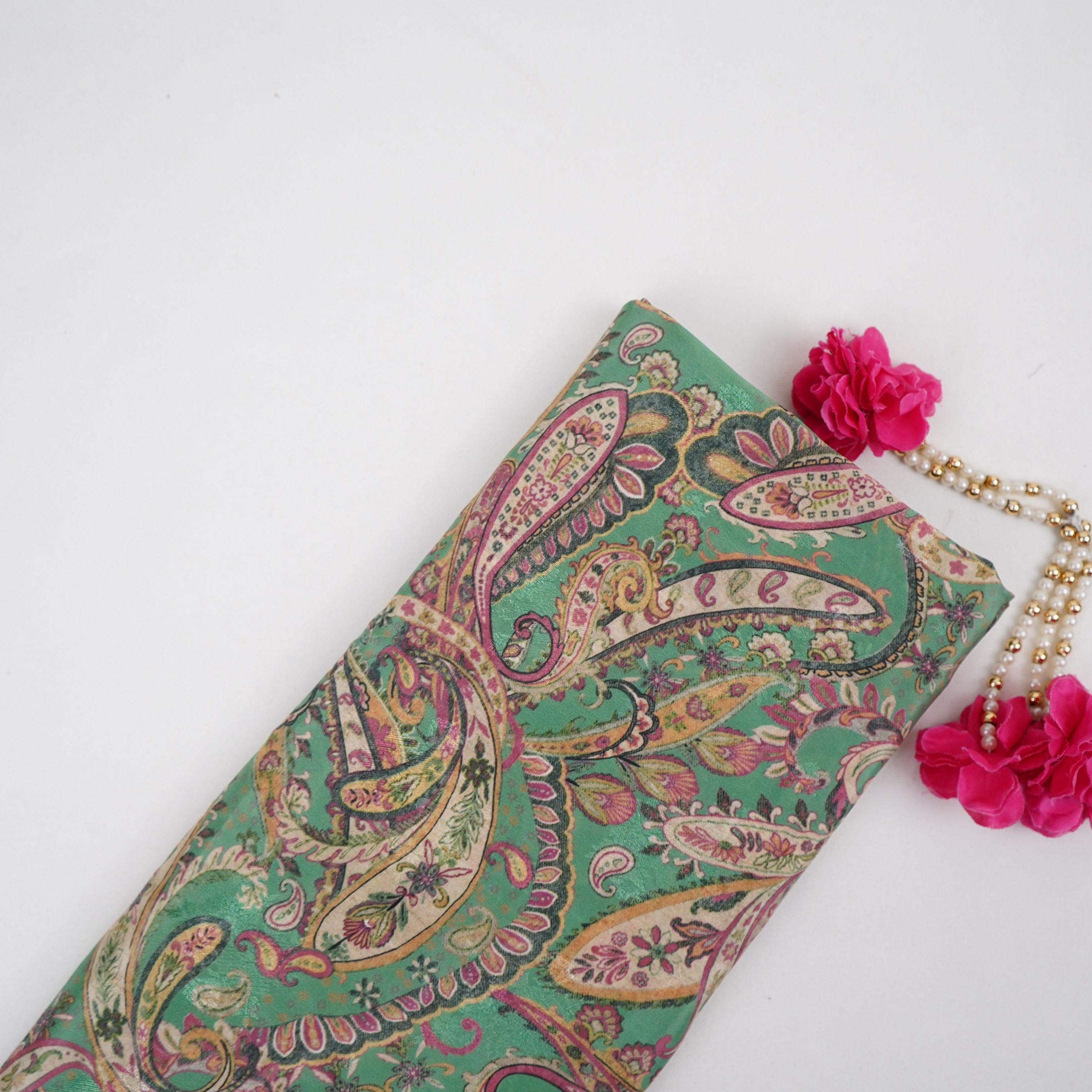 Teal Green Paisley Jacquard print Pure Crepe Fabric MTF-31479 - TradeUNO