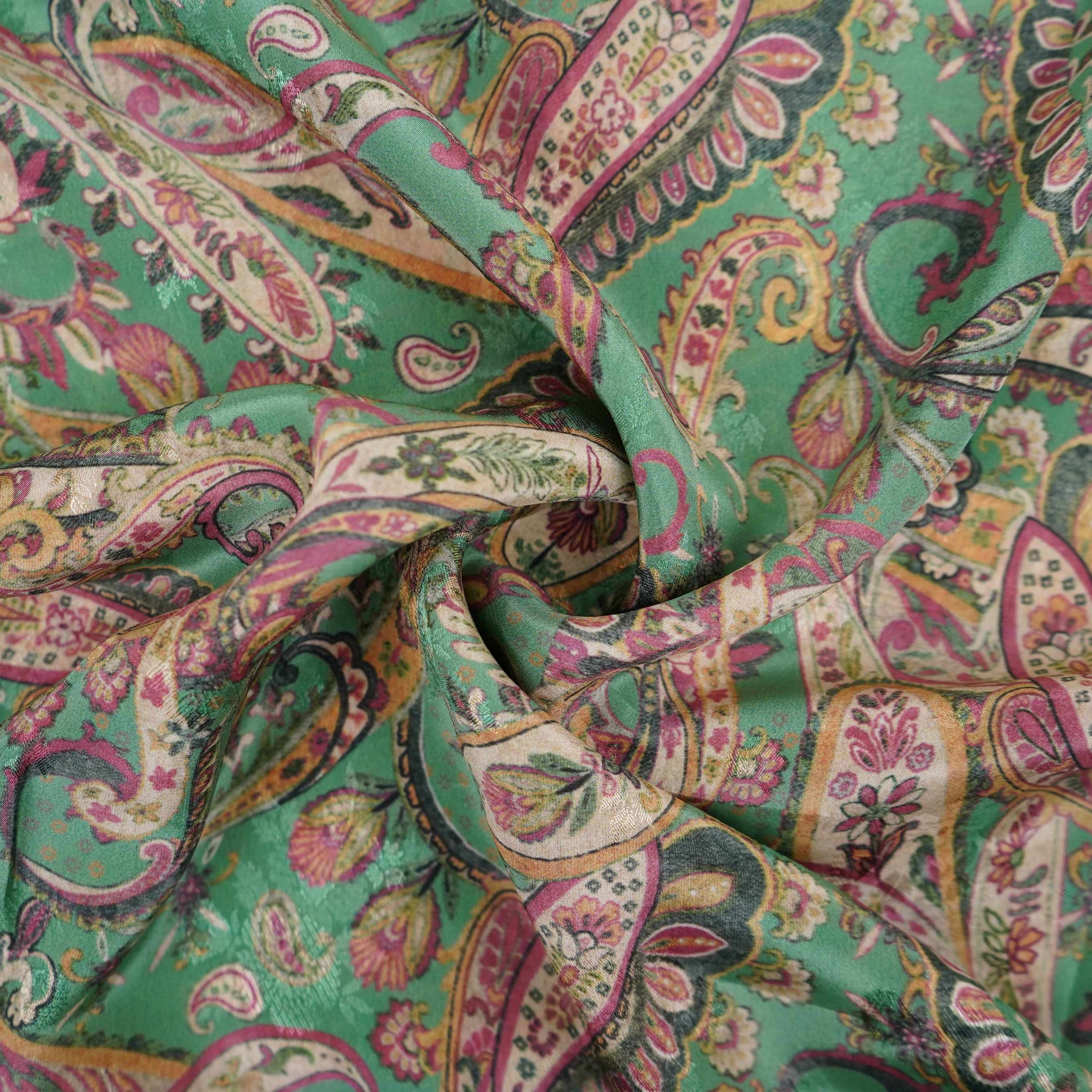 Teal Green Paisley Jacquard print Pure Crepe Fabric MTF-31479 - TradeUNO