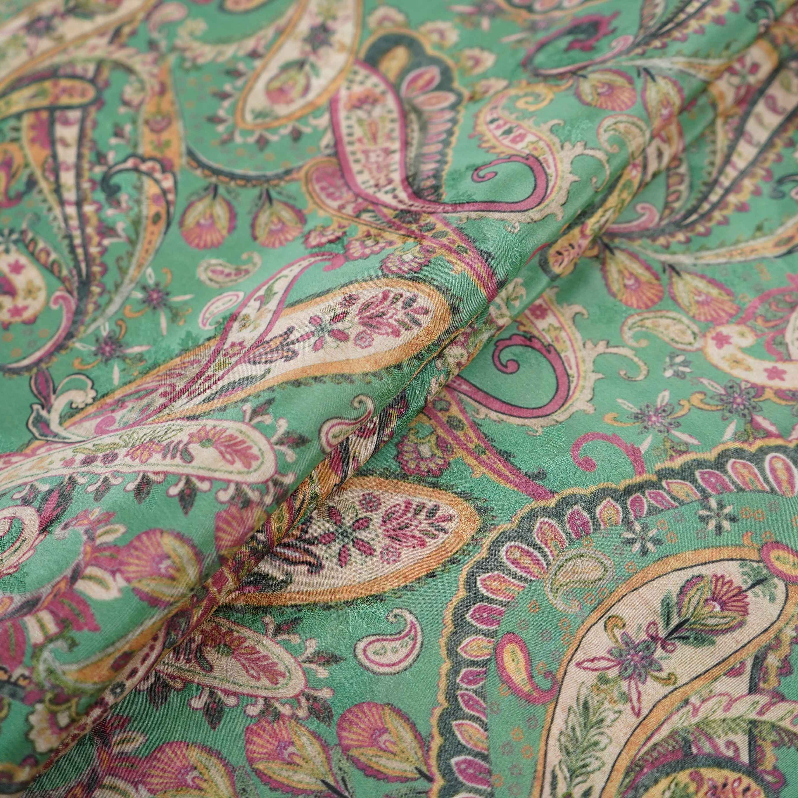 Teal Green Paisley Jacquard print Pure Crepe Fabric MTF-31479 - TradeUNO