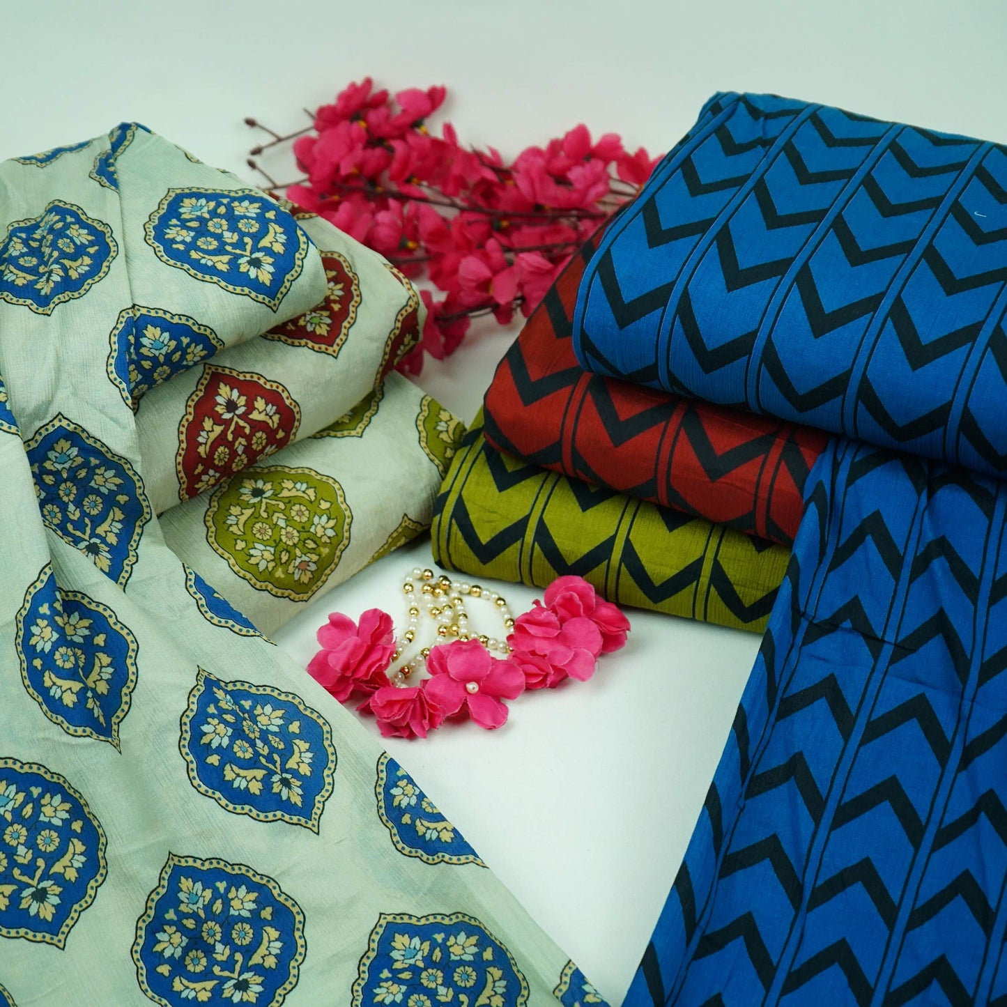 Royal Blue & Black Chevron print Chinnon Fabric MT-31178
