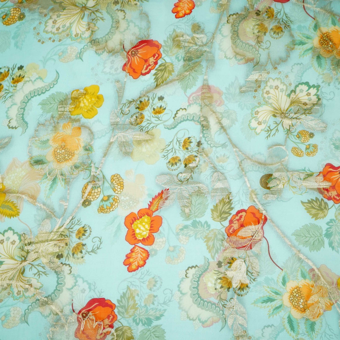 Power Blue floral print with jacquard Organza Fabric MT-31172