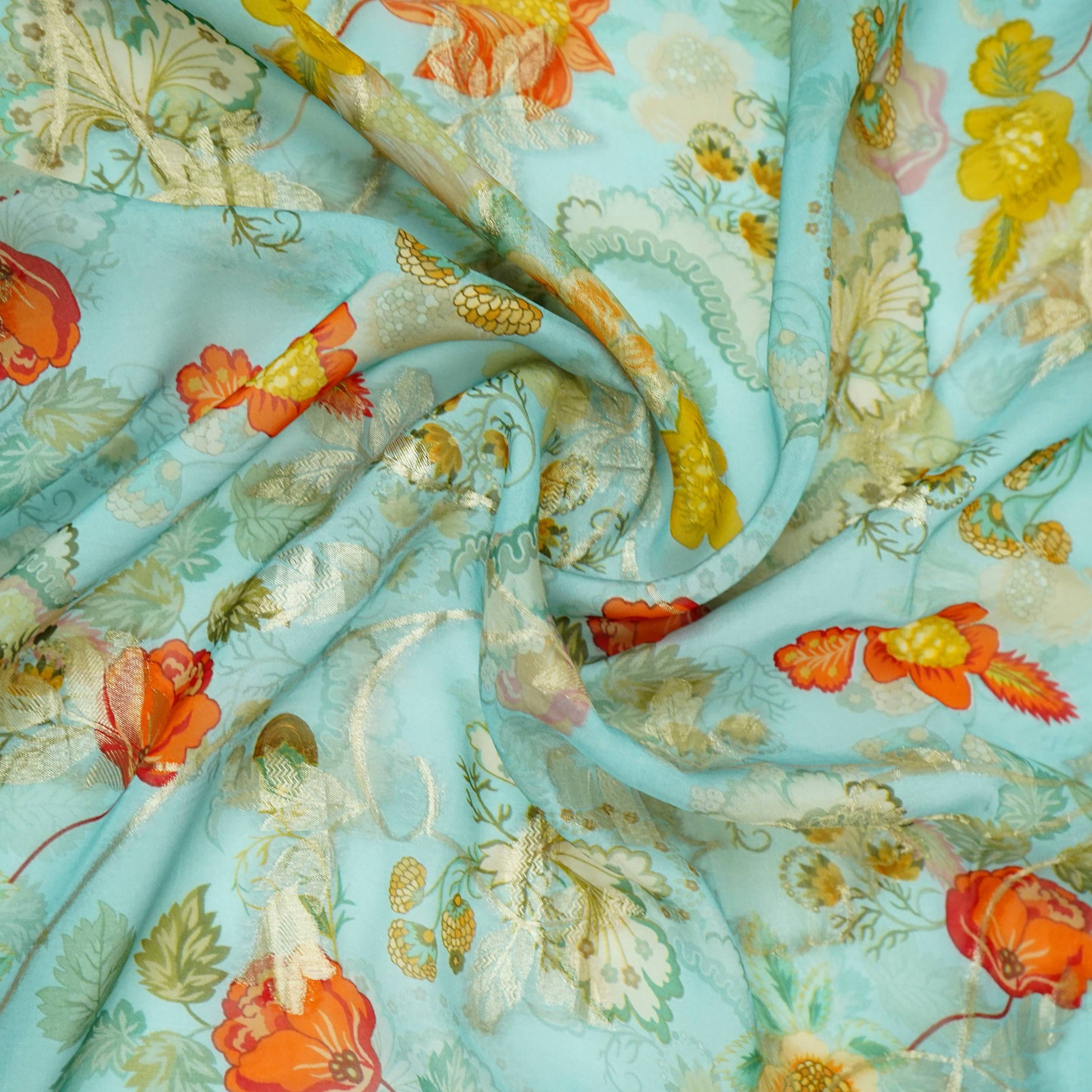 Power Blue floral print with jacquard Organza Fabric MT-31172 - TradeUNO