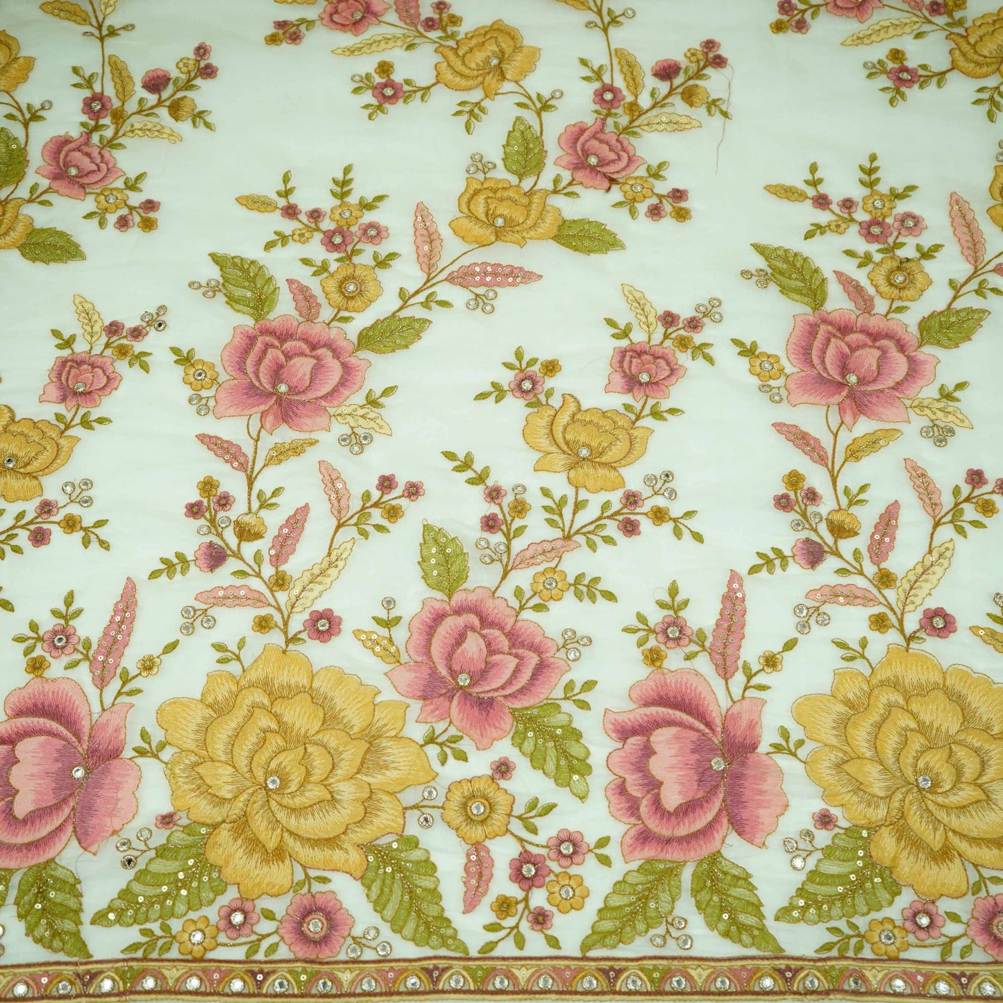 Off White Floral Sequence Embroidery Pure Banaras Mul Chanderi Fabric SGS-30700