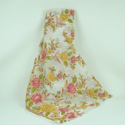 Off White Floral Sequence Embroidery Pure Banaras Mul Chanderi Fabric SGS-30700