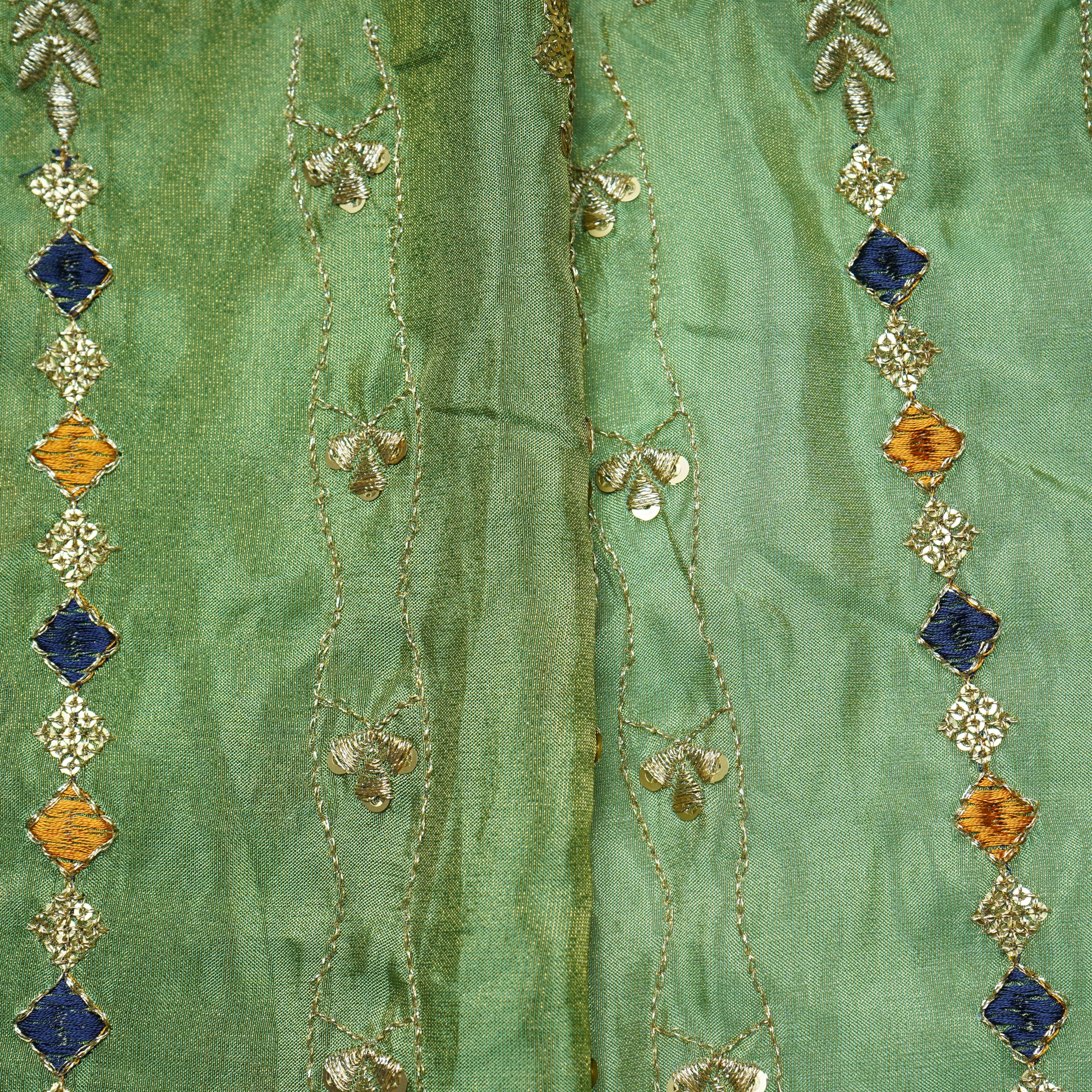 Green Thread Embroidery Viscose Zari Tissue Fabric 19898