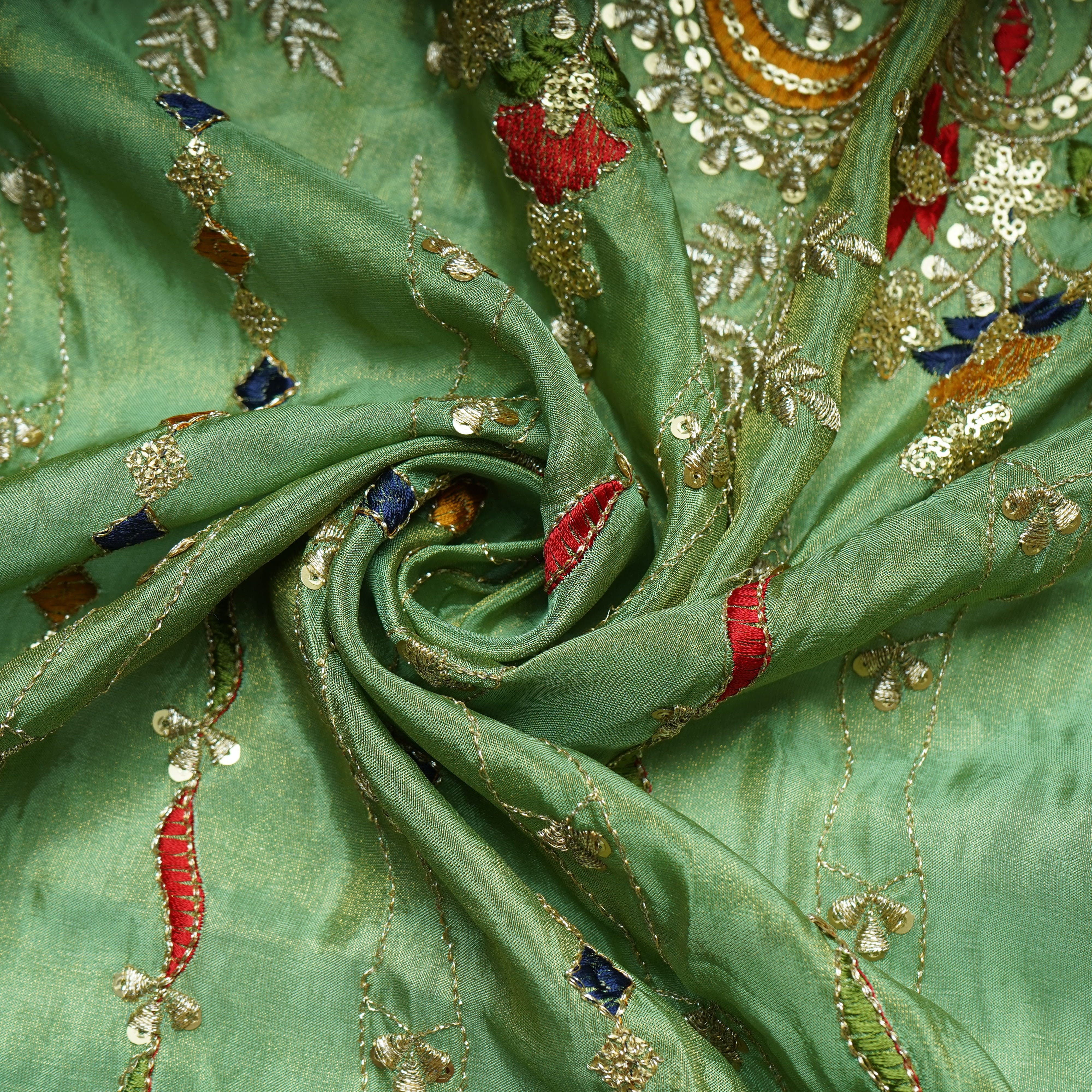 Green Thread Embroidery Viscose Zari Tissue Fabric 19898