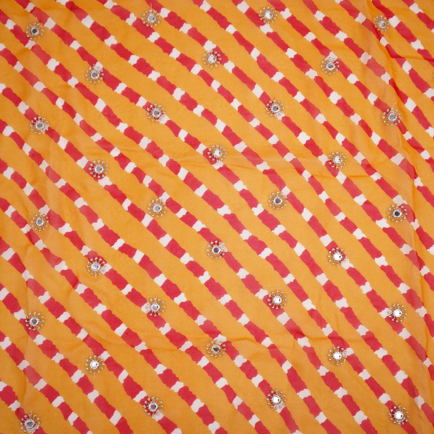 Mustard Yellow Leheriya Mirror embroidery Georgette Fabric GTS-31503