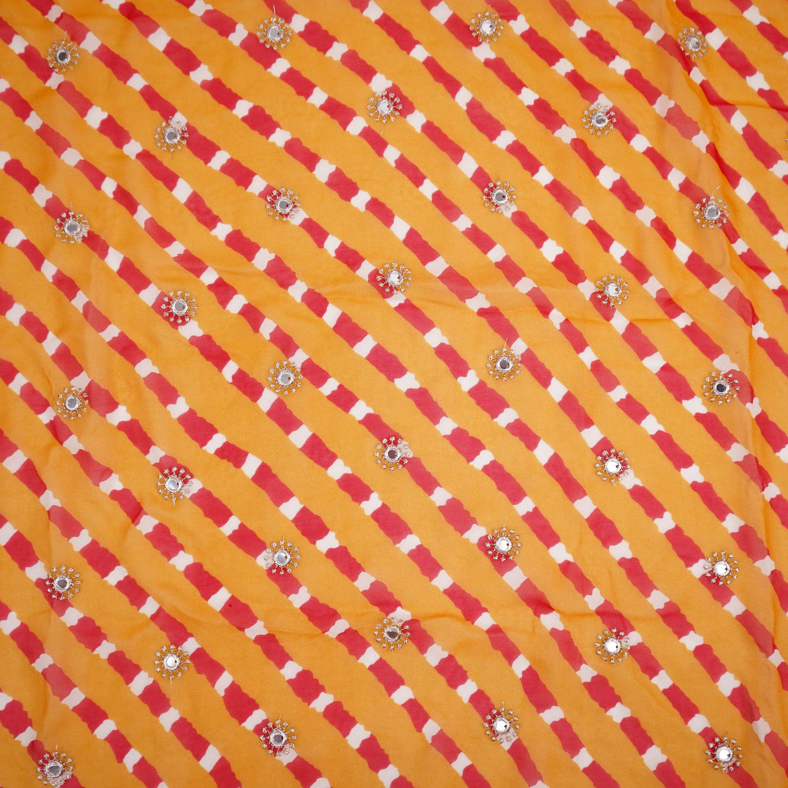 Mustard Yellow Leheriya Mirror embroidery Georgette Fabric GTS-31503 - TradeUNO