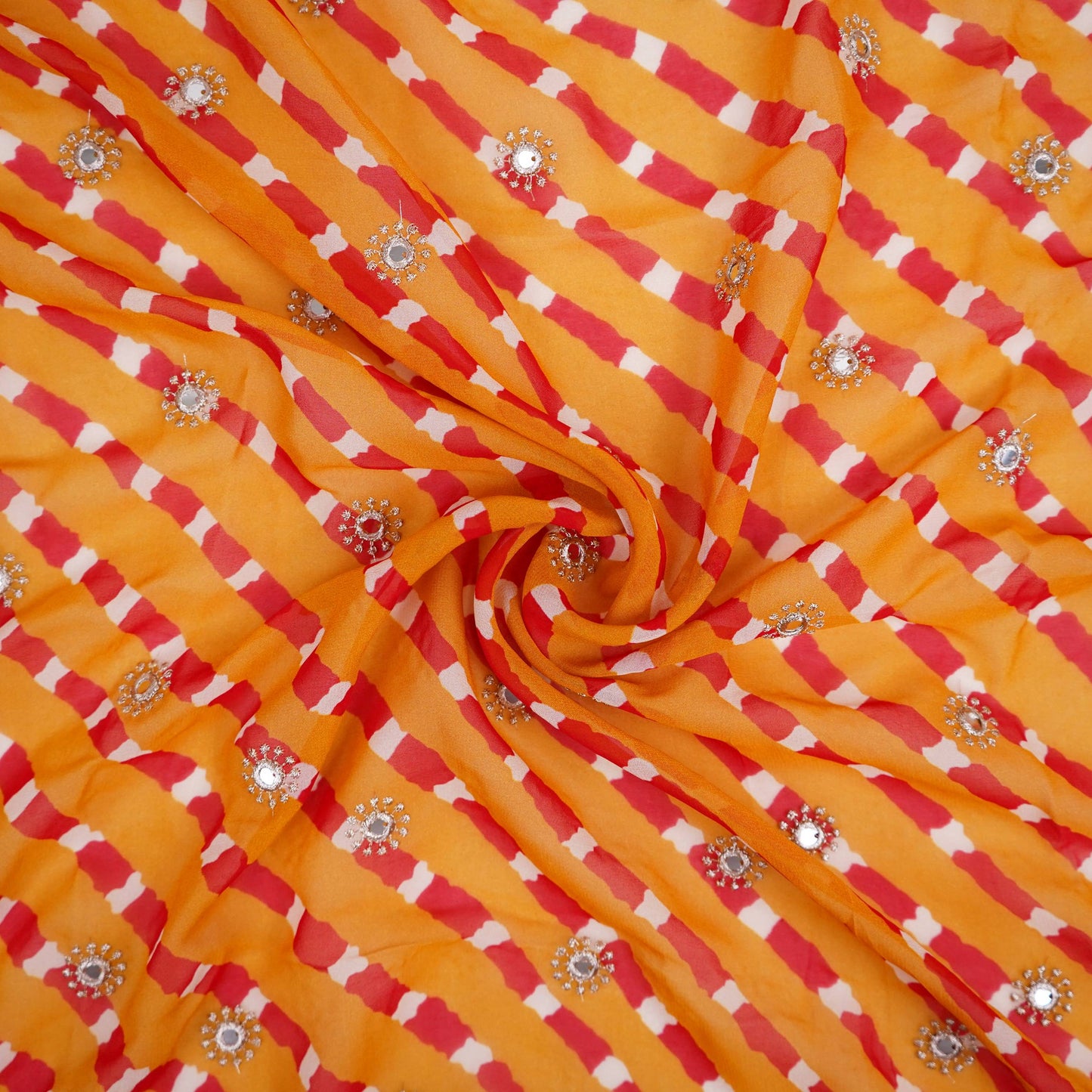 Mustard Yellow Leheriya Mirror embroidery Georgette Fabric GTS-31503