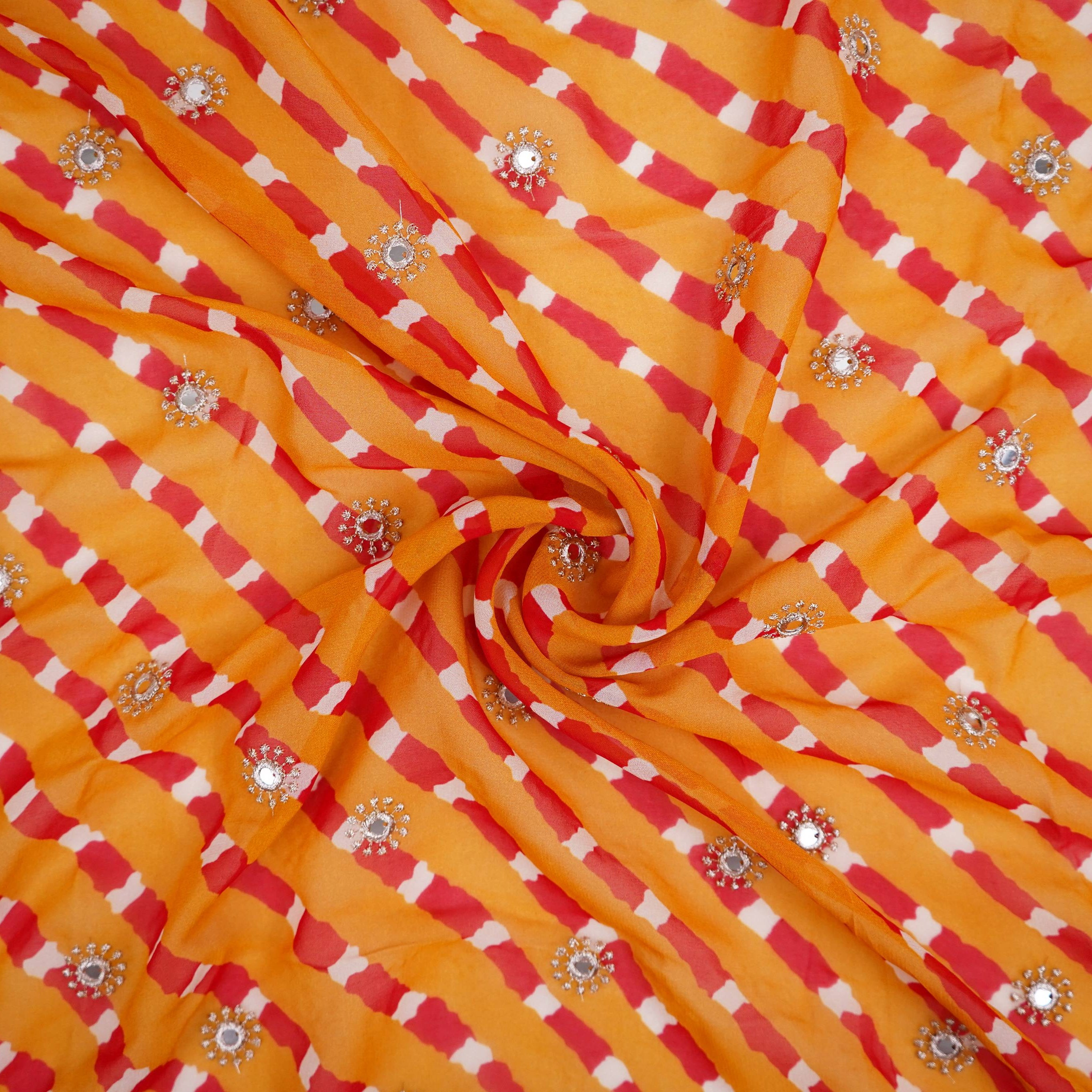 Mustard Yellow Leheriya Mirror embroidery Georgette Fabric GTS-31503 - TradeUNO