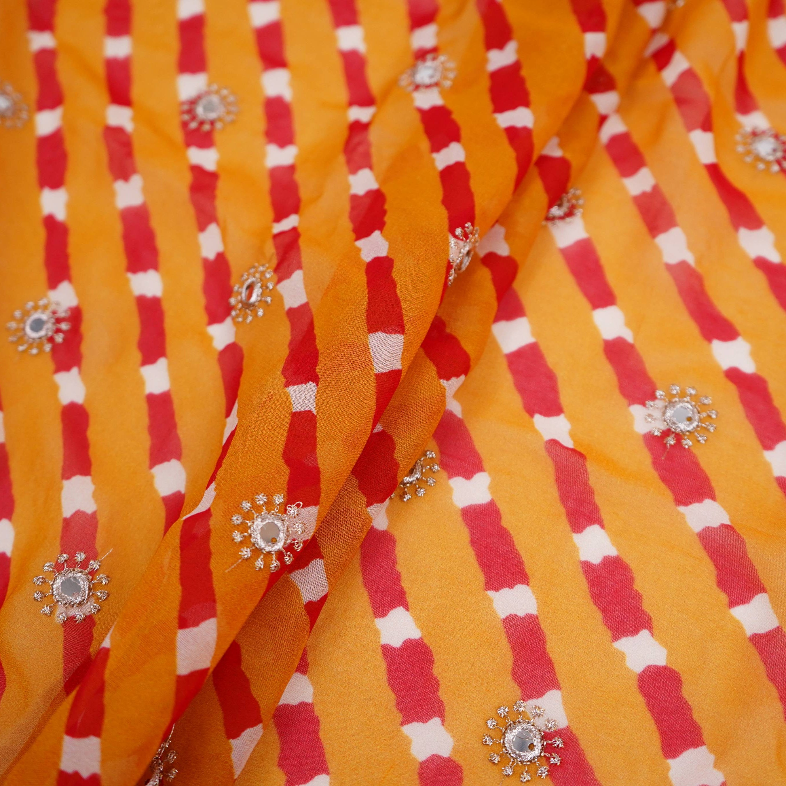 Mustard Yellow Leheriya Mirror embroidery Georgette Fabric GTS-31503 - TradeUNO