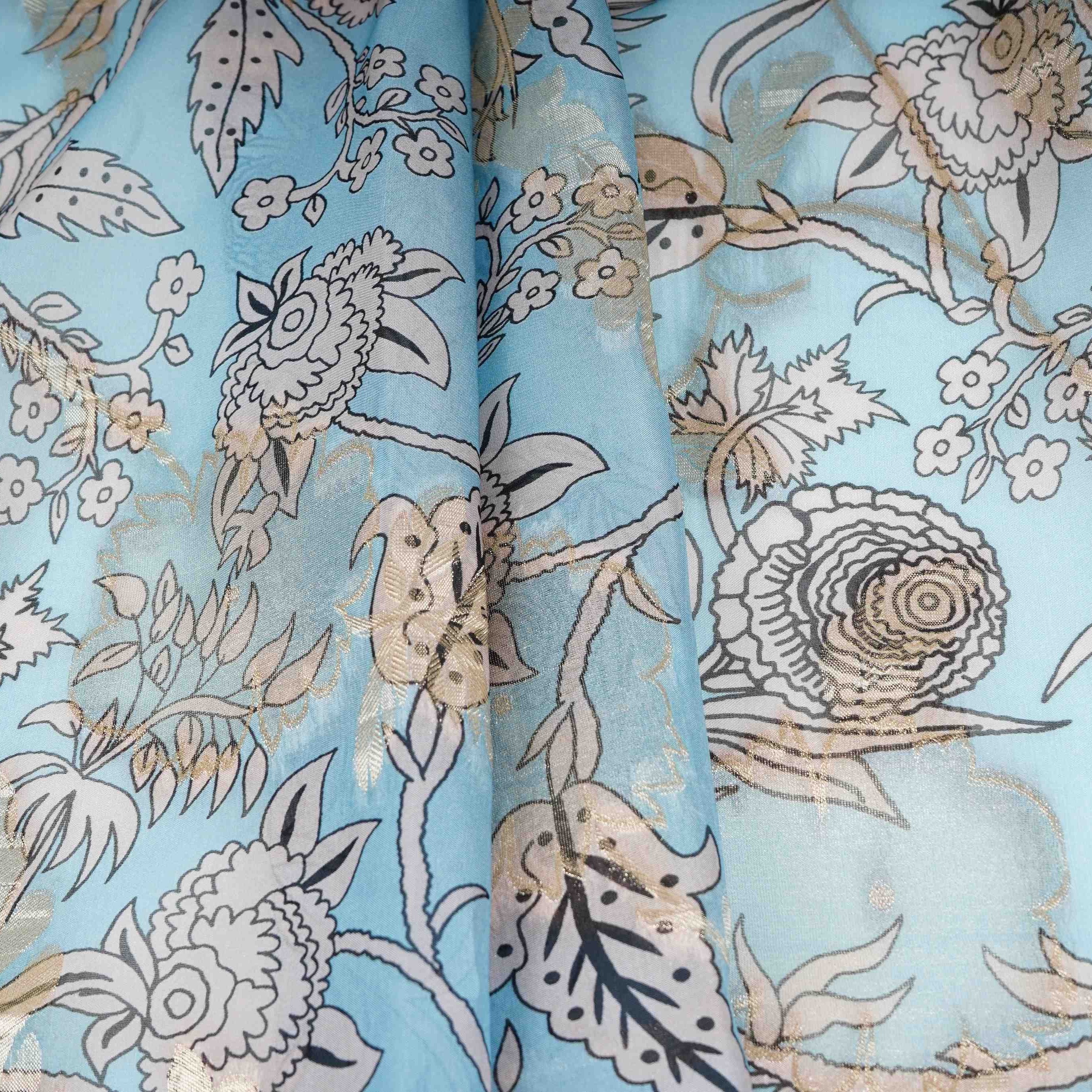 Sky Blue floral print with jacquard Organza Fabric MT-31170 - TradeUNO