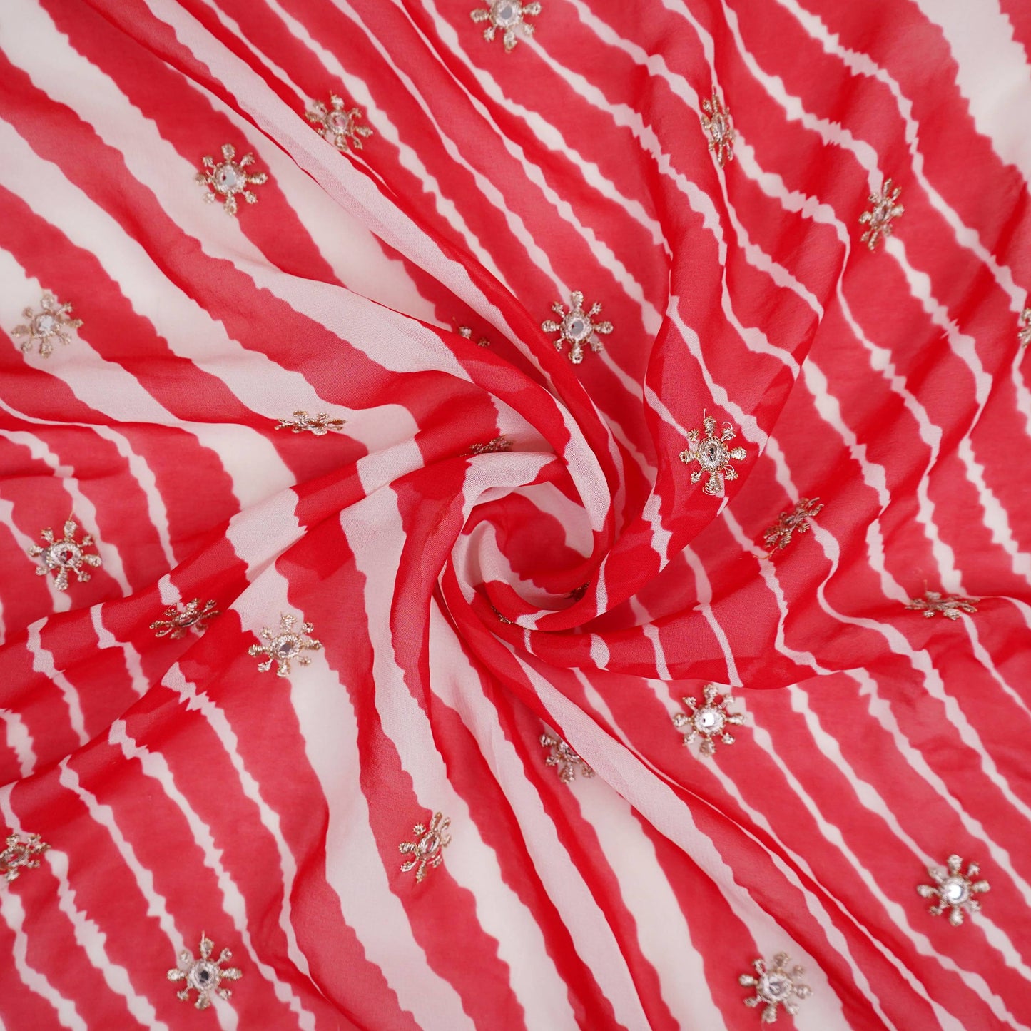 Bright Red Leheriya Mirror embroidery Georgette Fabric GTS-31512