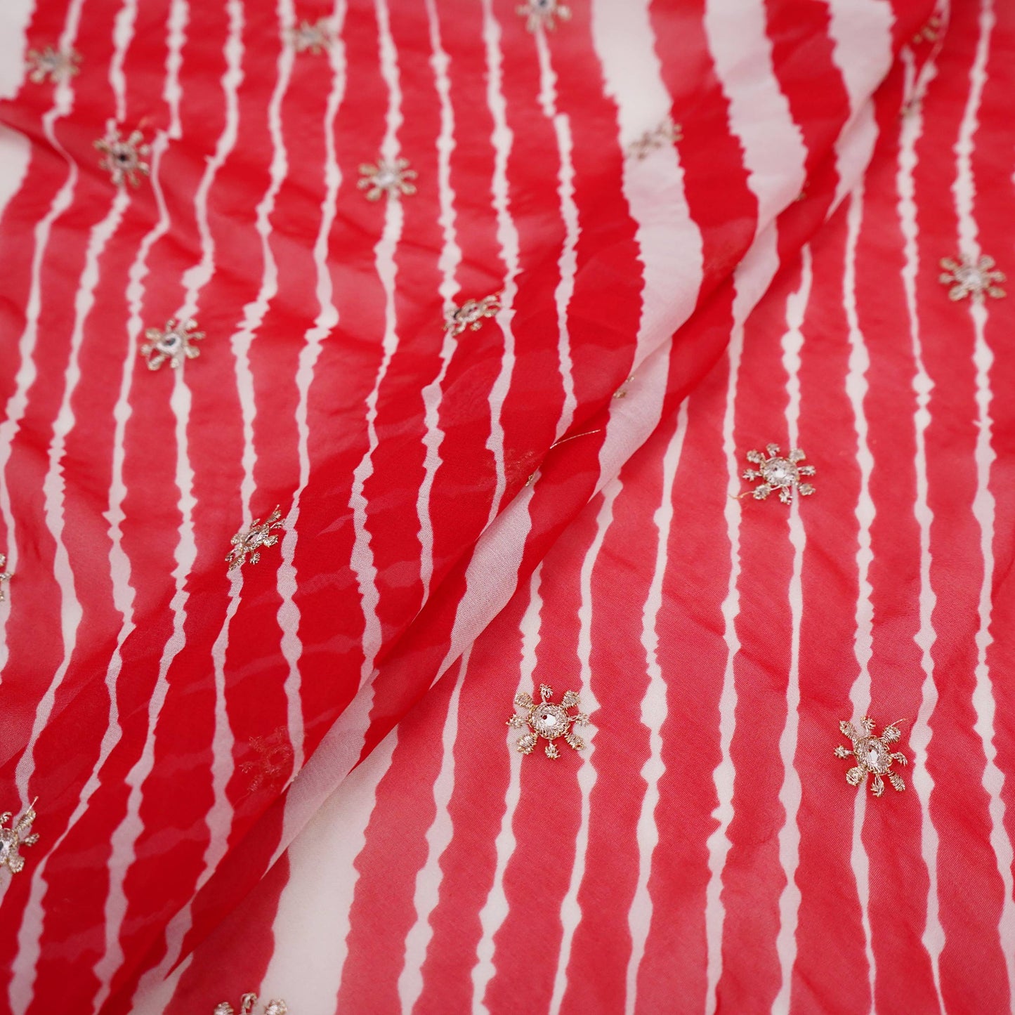 Bright Red Leheriya Mirror embroidery Georgette Fabric GTS-31512