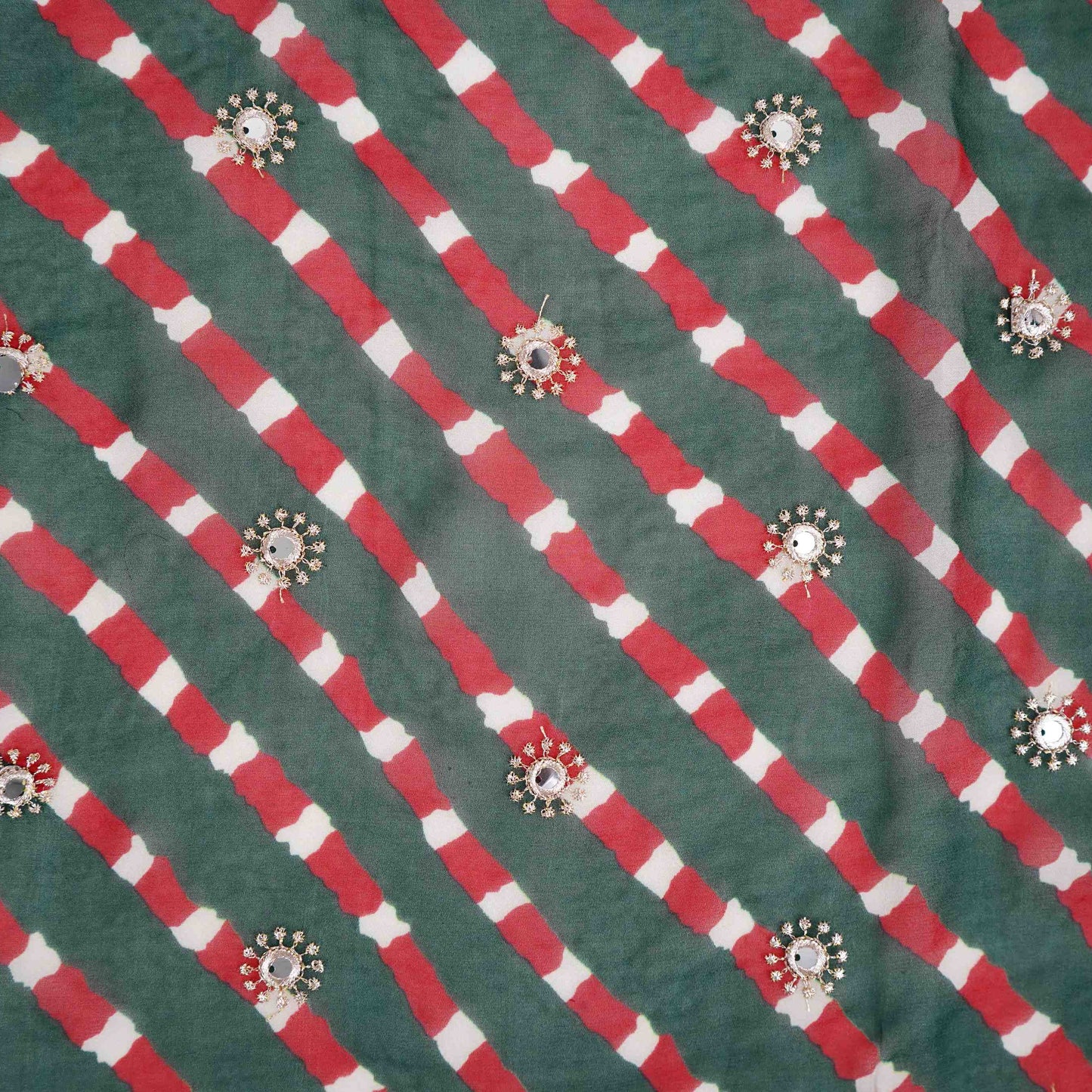 Bottle Green Leheriya Mirror embroidery Georgette Fabric GTS-31506