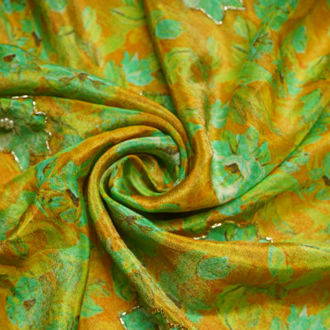 Mustard Cutdana & Pearl Floral Print Pure Tissue Fabric 21279