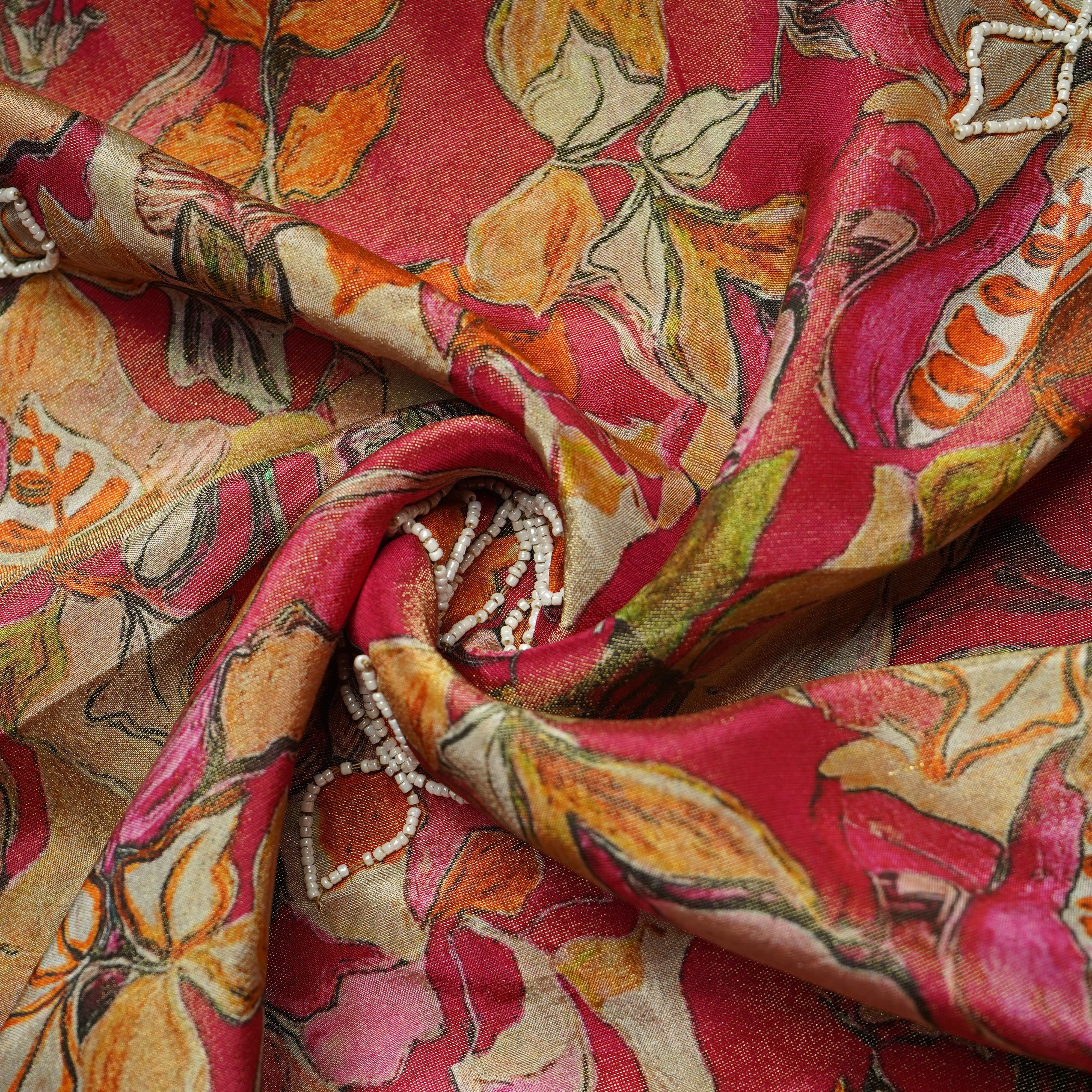 Brick Red Cutdana Embroidery Tissue Fabric 21287