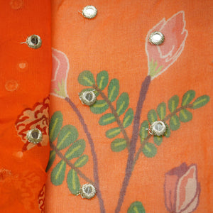 Orange Floral Print Mirror Embroidery Organza Fabric 21292