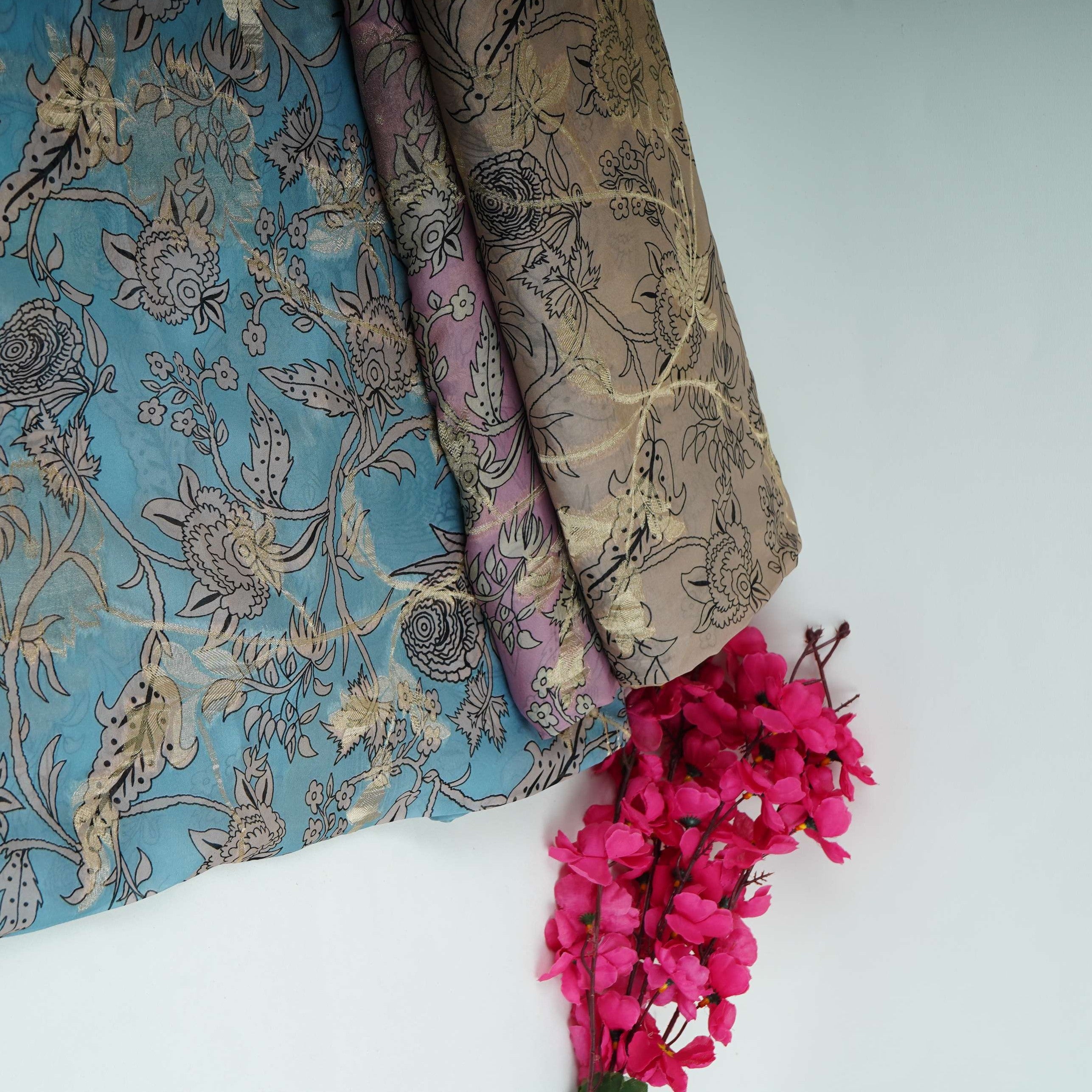 Sky Blue floral print with jacquard Organza Fabric MT-31170 - TradeUNO