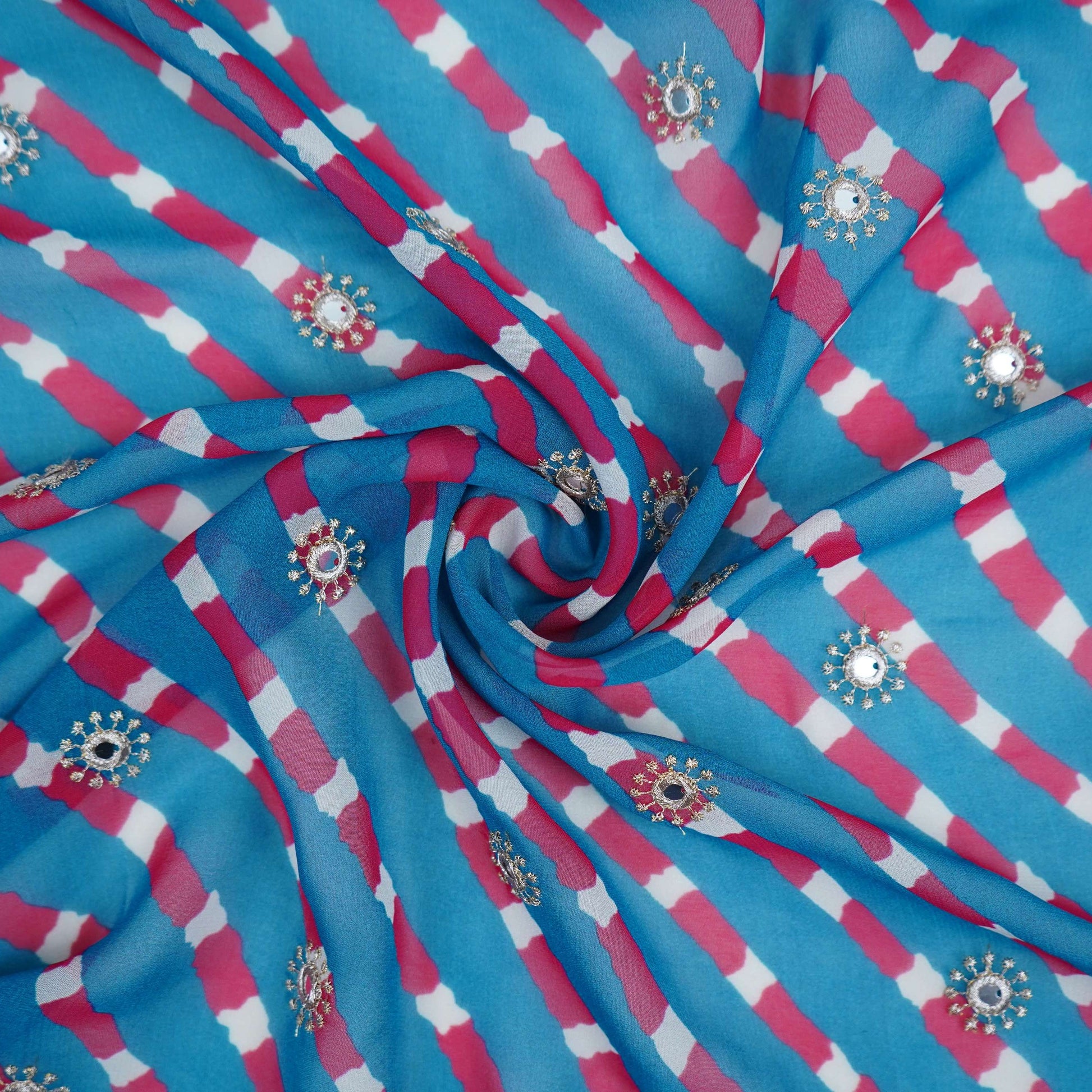 Peacock Blue Leheriya Mirror embroidery Georgette Fabric GTS-31504 - TradeUNO