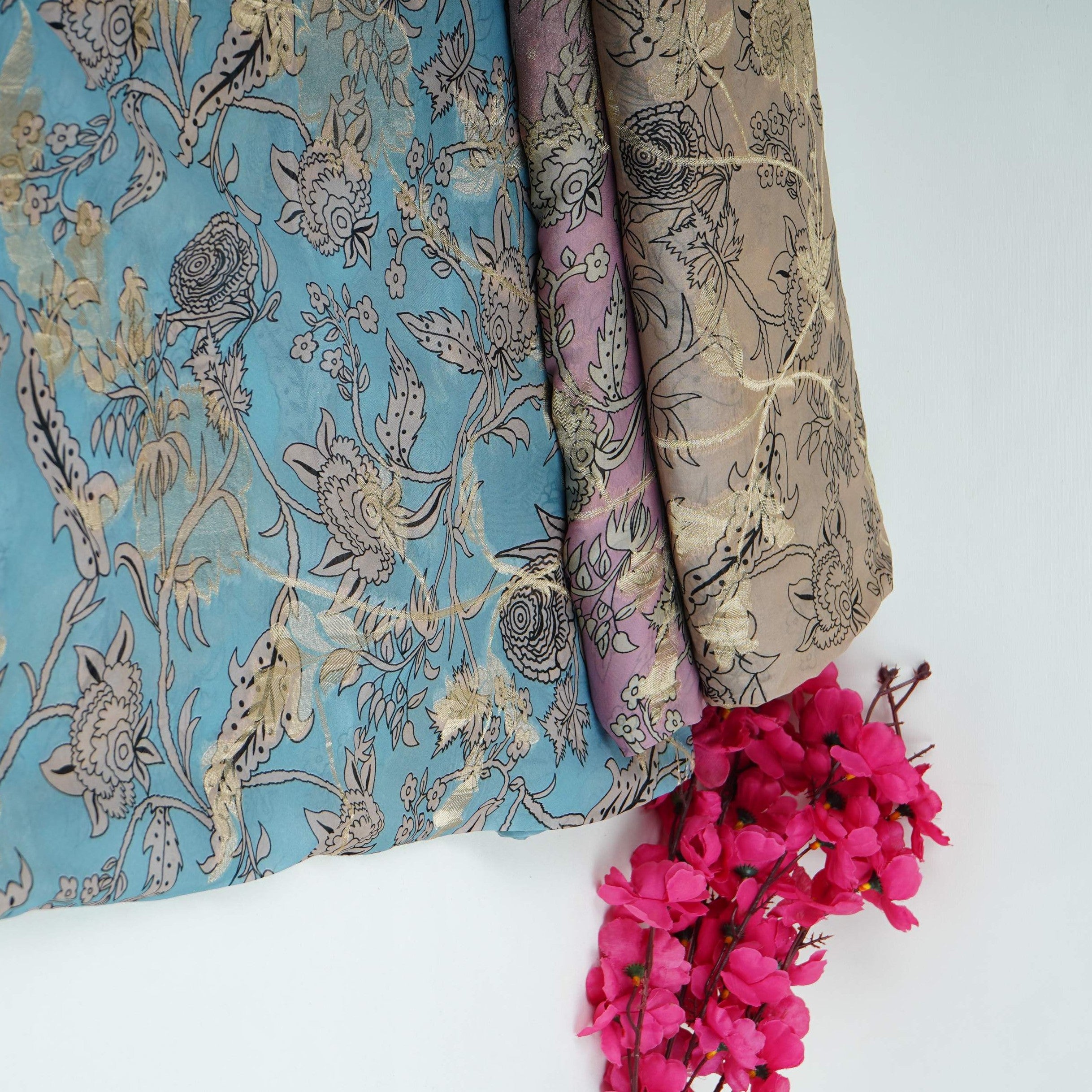 Beige floral print with jacquard Organza Fabric MT-31169 - TradeUNO