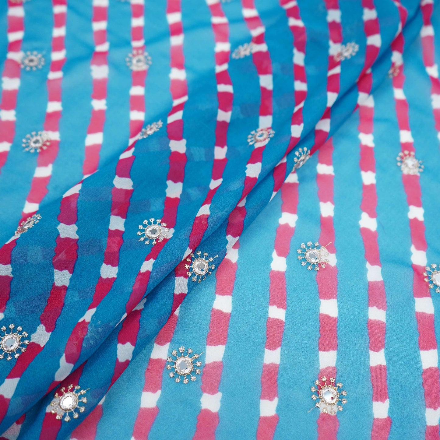 Peacock Blue Leheriya Mirror embroidery Georgette Fabric GTS-31504 - TradeUNO