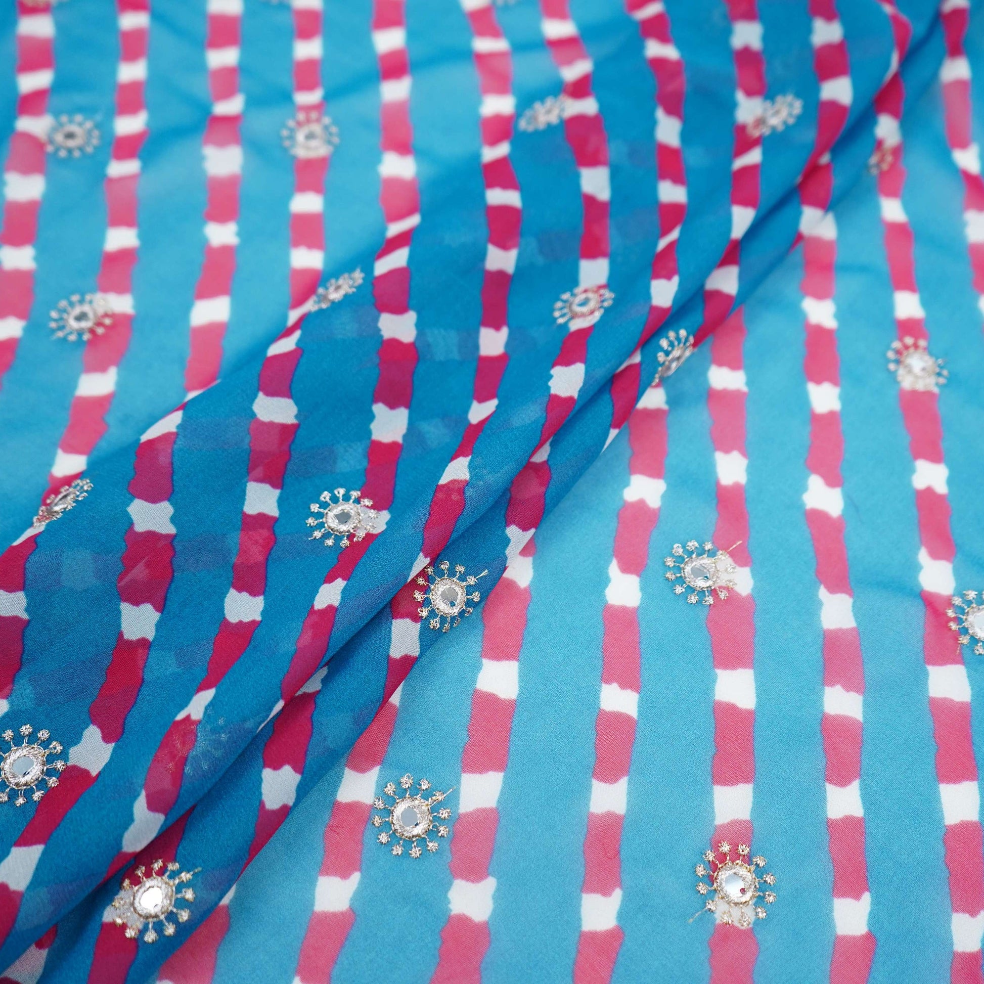 Peacock Blue Leheriya Mirror embroidery Georgette Fabric GTS-31504 - TradeUNO