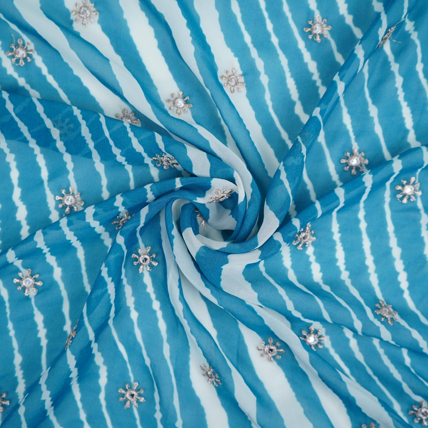 Aqua Blue Leheriya Mirror embroidery Georgette Fabric GTS-31509 - TradeUNO