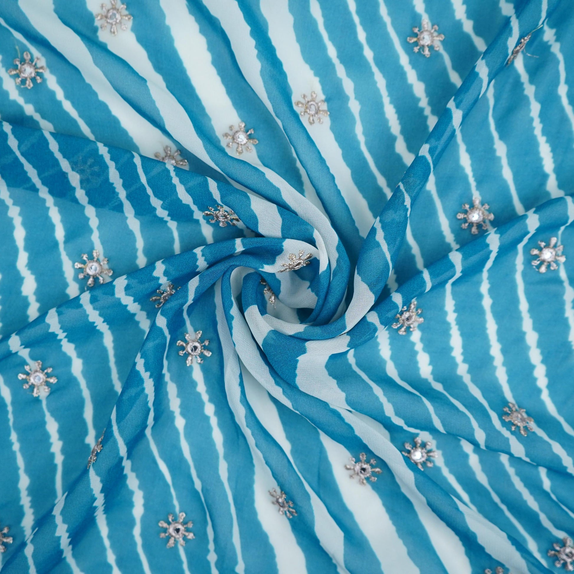 Aqua Blue Leheriya Mirror embroidery Georgette Fabric GTS-31509 - TradeUNO