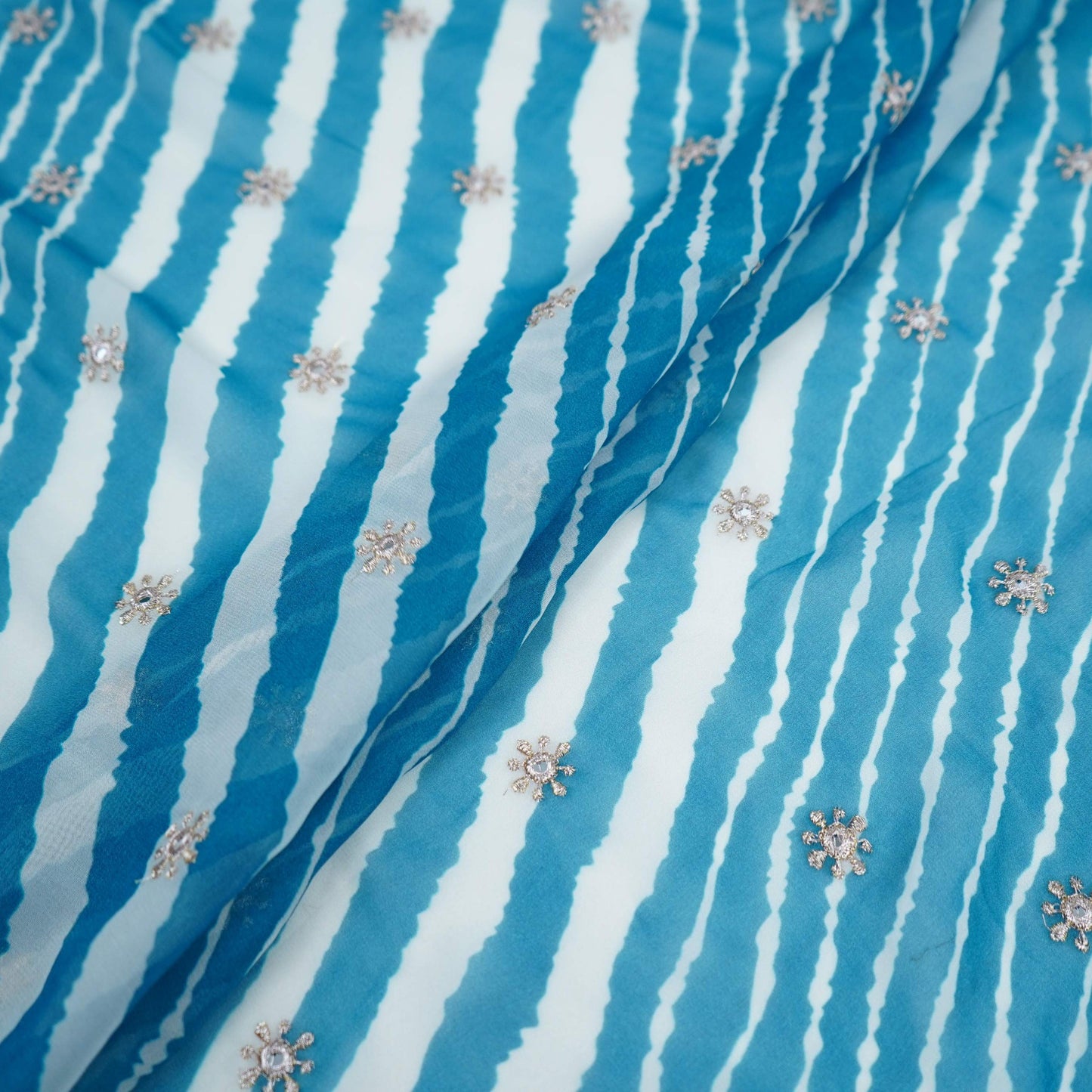Aqua Blue Leheriya Mirror embroidery Georgette Fabric GTS-31509 - TradeUNO
