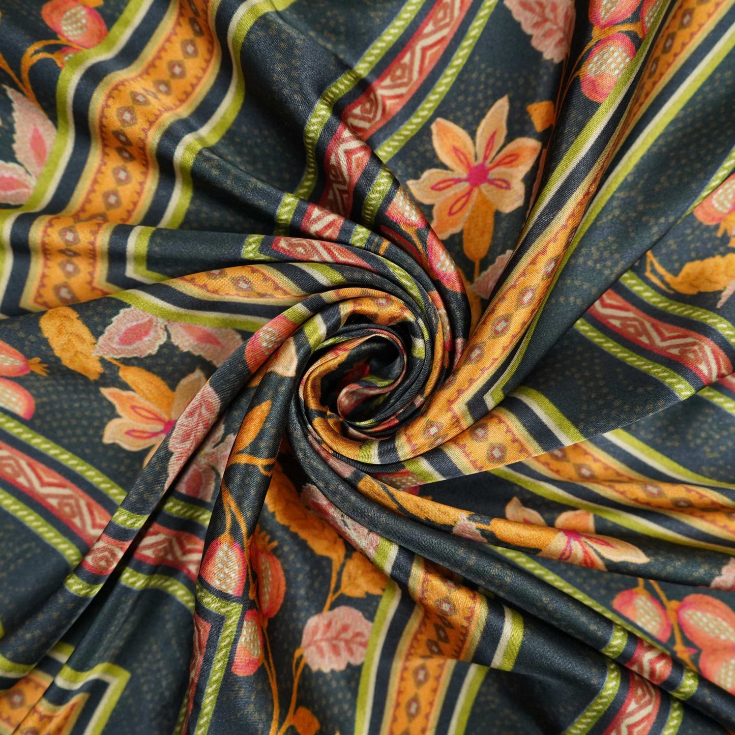 Midnight Blue Chintz Border panel Bemberg Modal Silk Fabric KTP-31405