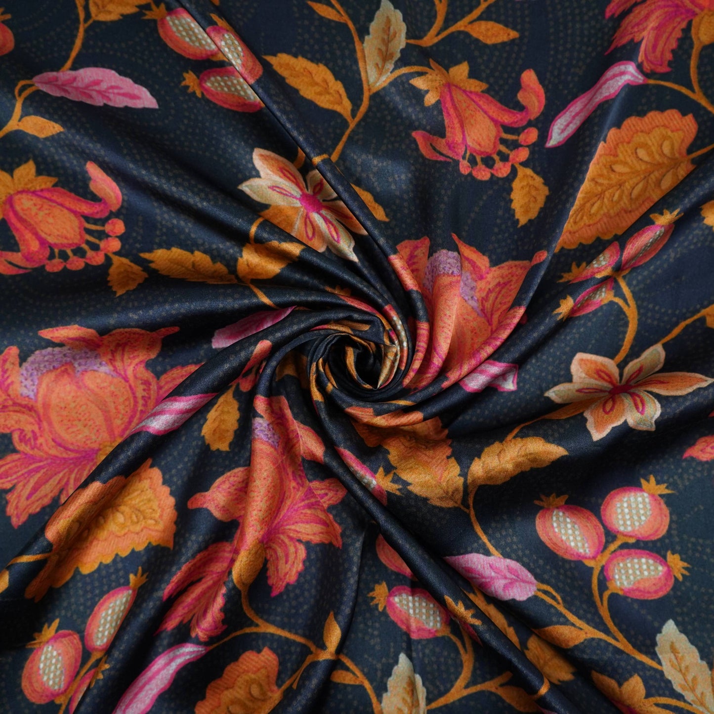 Midnight Blue Chintz floral print Bemberg Modal Silk Fabric KTP-31404