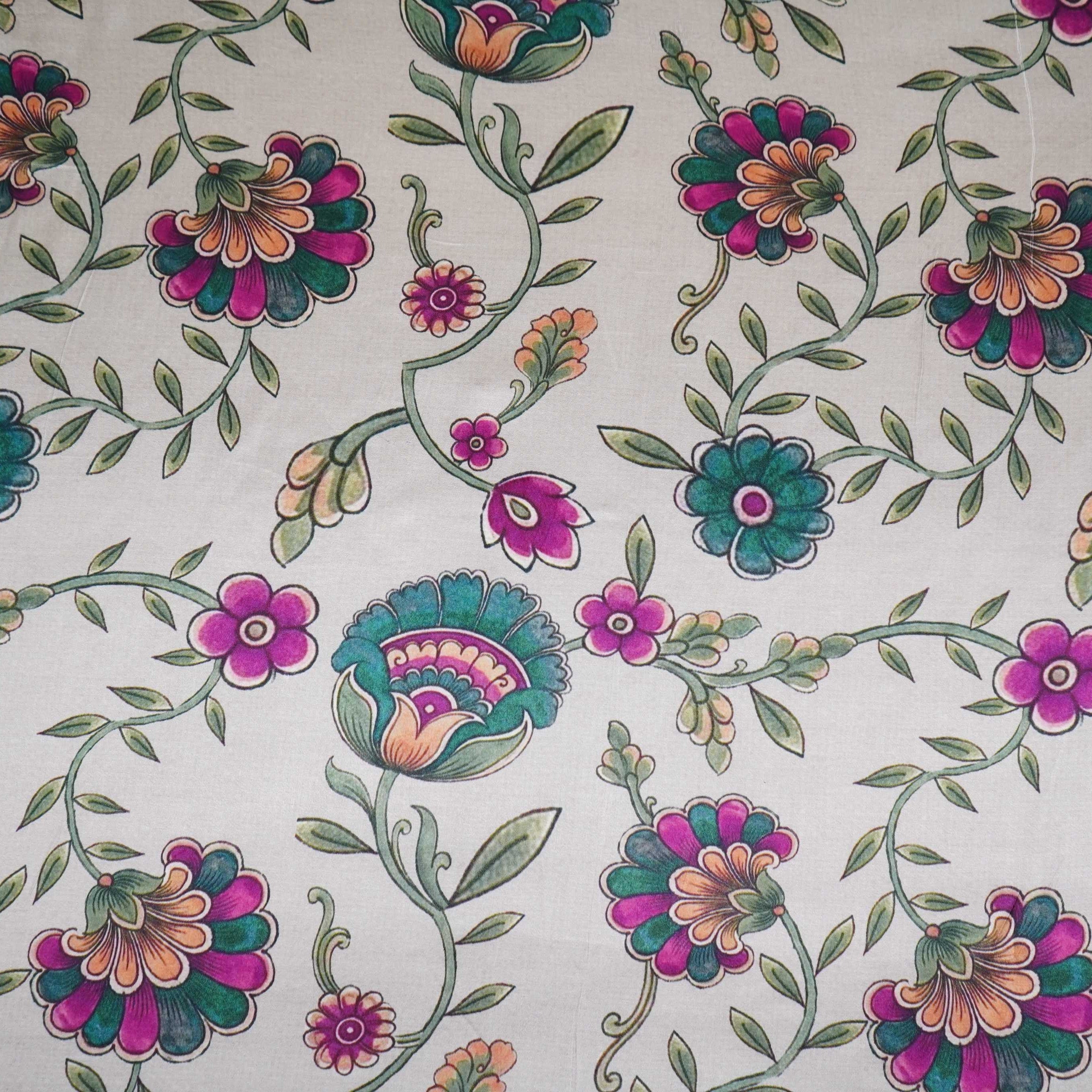 Ivory Mughal floral print Bemberg Modal Silk Fabric KTP-31394 - TradeUNO