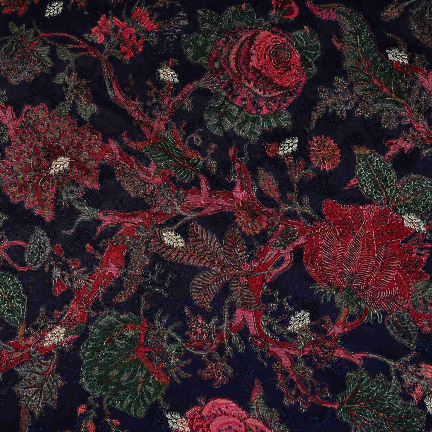 Navy Blue floral Jari Jacquard Pure Bemberg Crepe Fabric MTFG-31093
