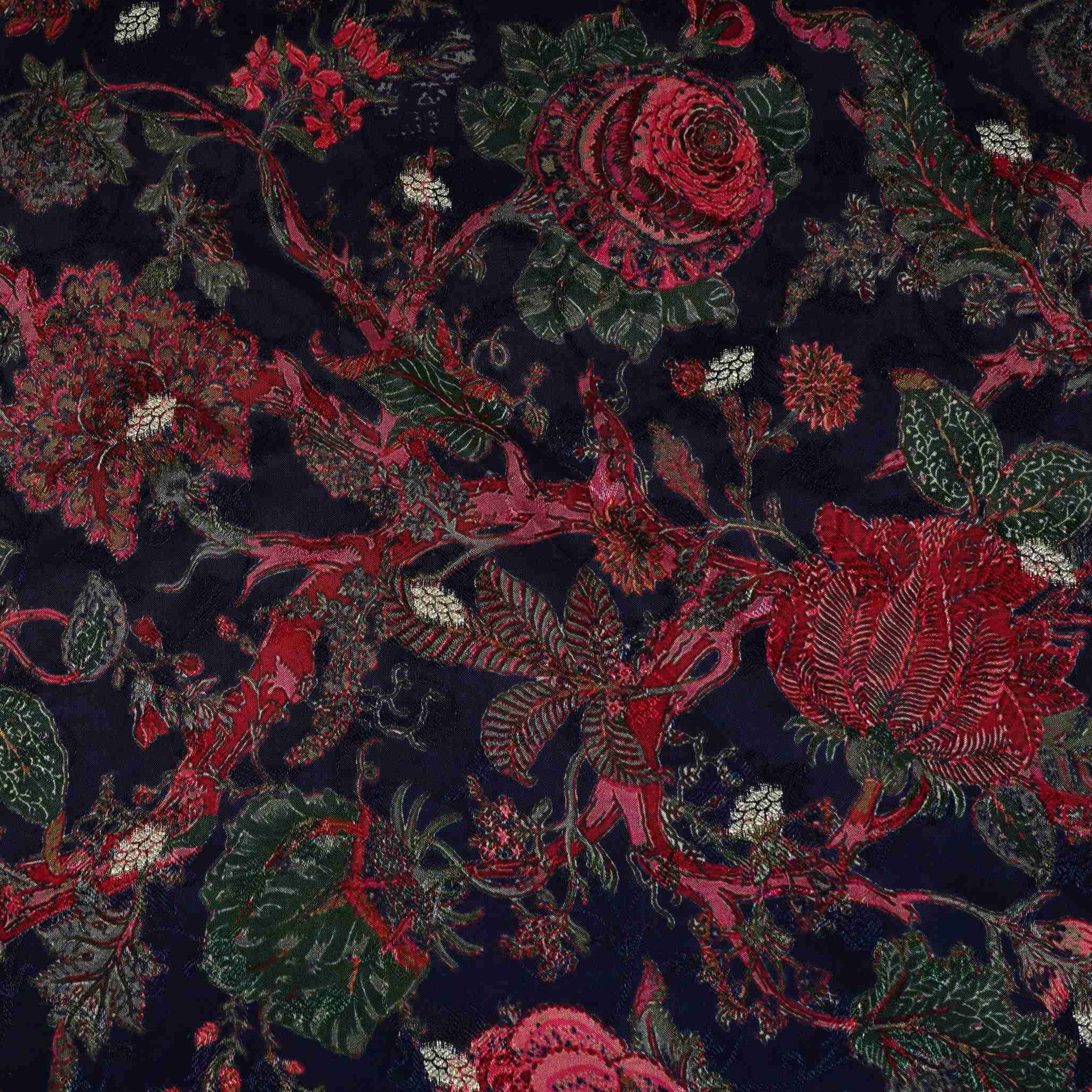 Navy Blue floral Jari Jacquard Pure Bemberg Crepe Fabric MTFG-31093 - TradeUNO