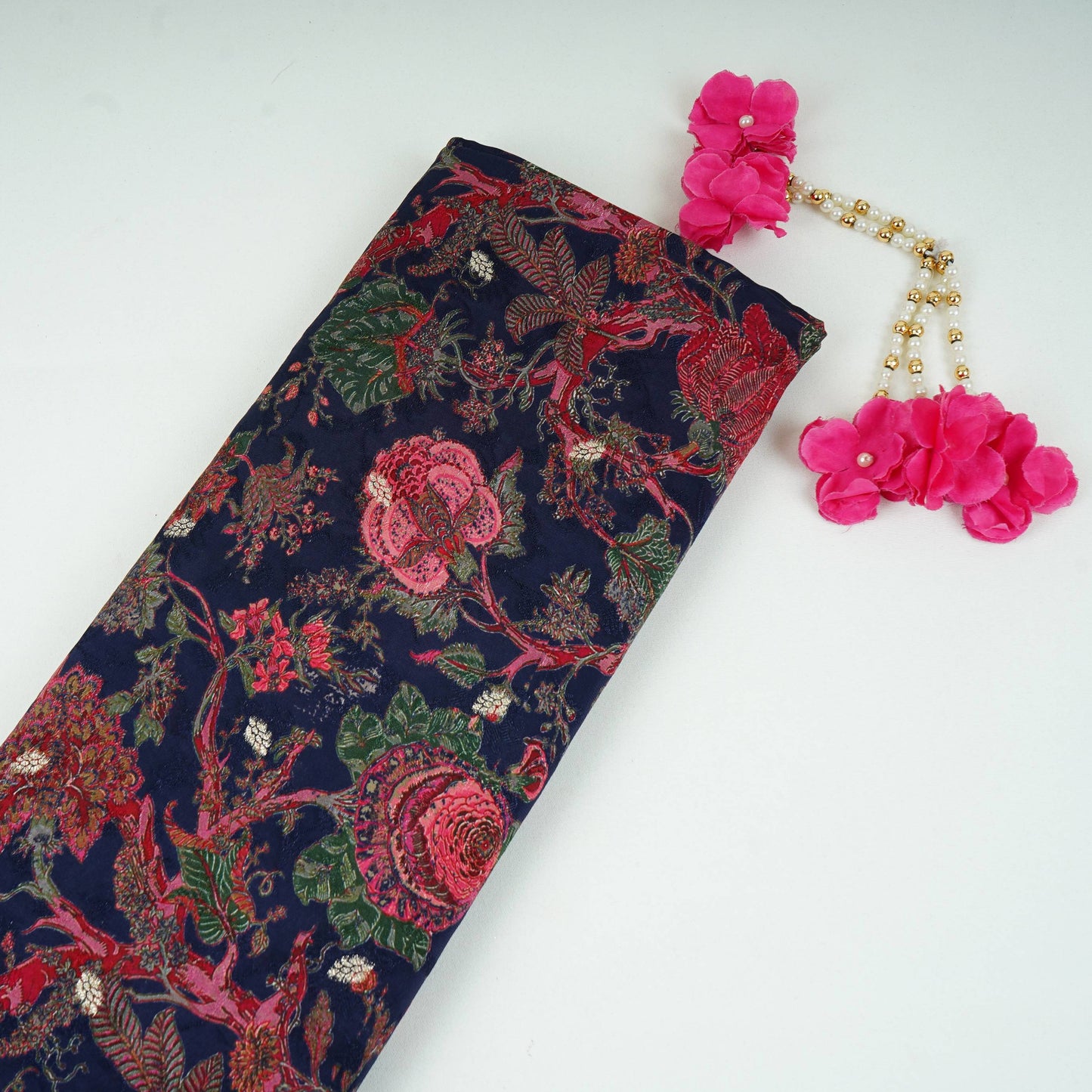 Navy Blue floral Jari Jacquard Pure Bemberg Crepe Fabric MTFG-31093